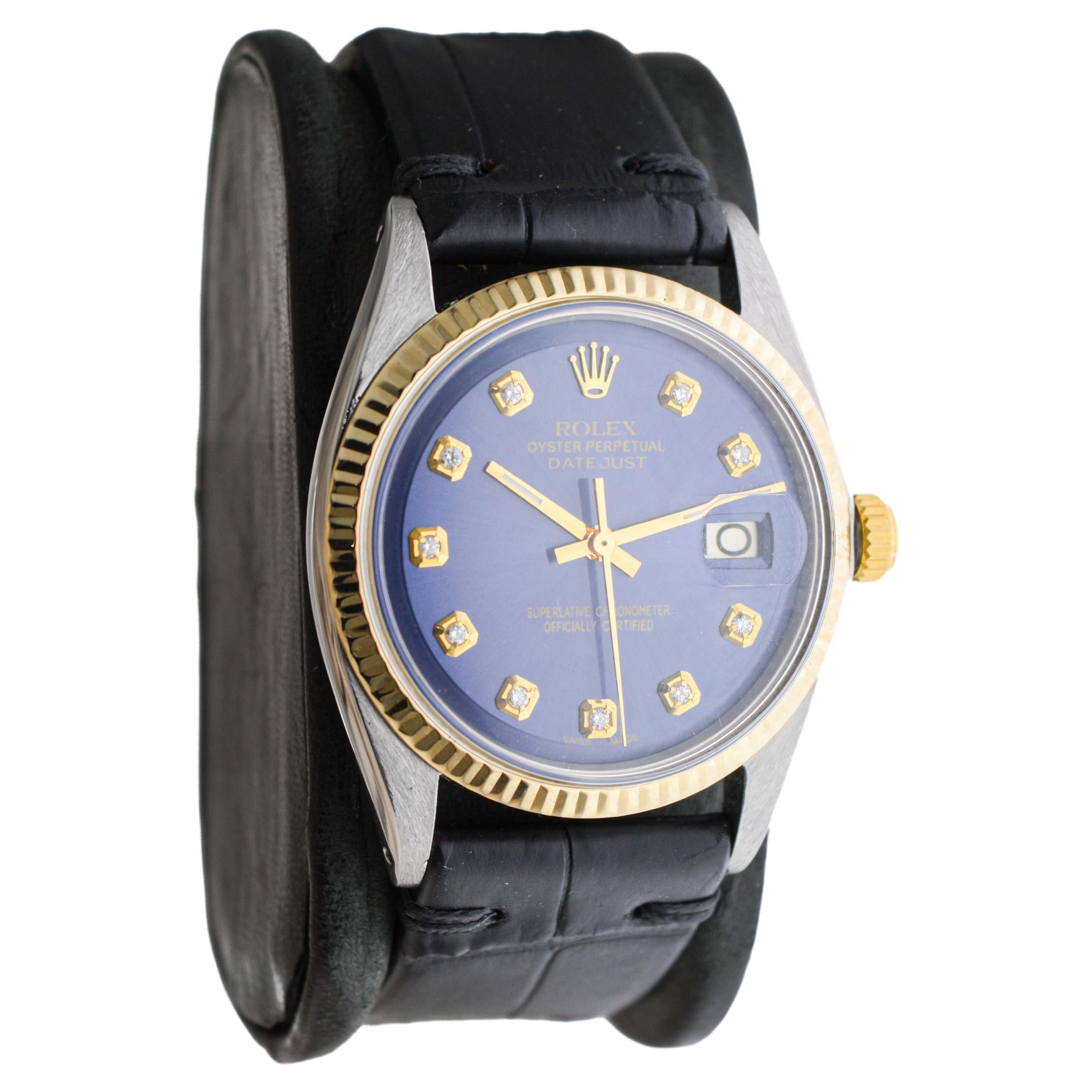 Moderne Rolex Montre Datejust avec cadran bleu et index en diamants faits sur mesure, années 1960 en vente