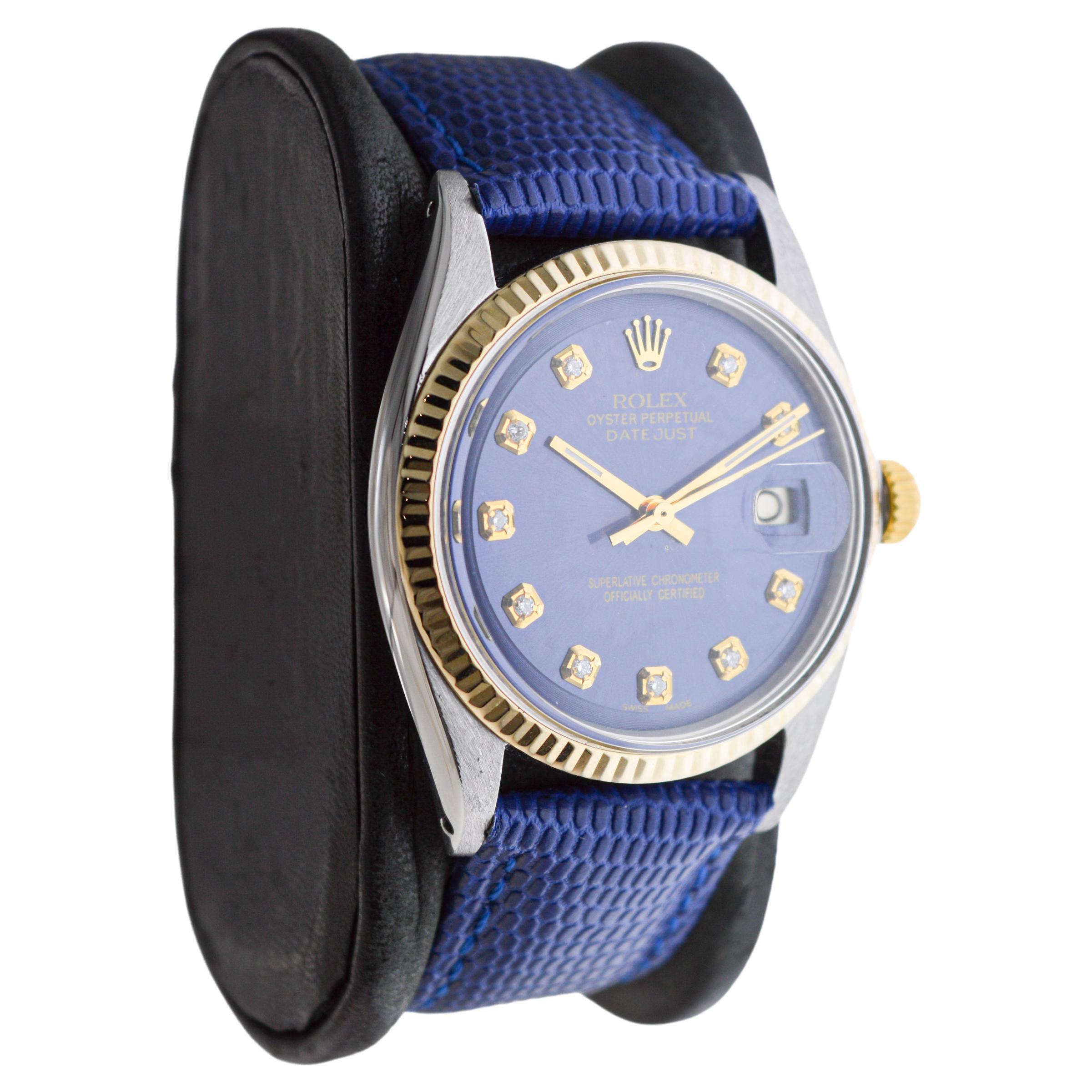 Modern Rolex Two-Tone Datejust with Custom Made Blue Dial and Diamond Markers 1960's For Sale