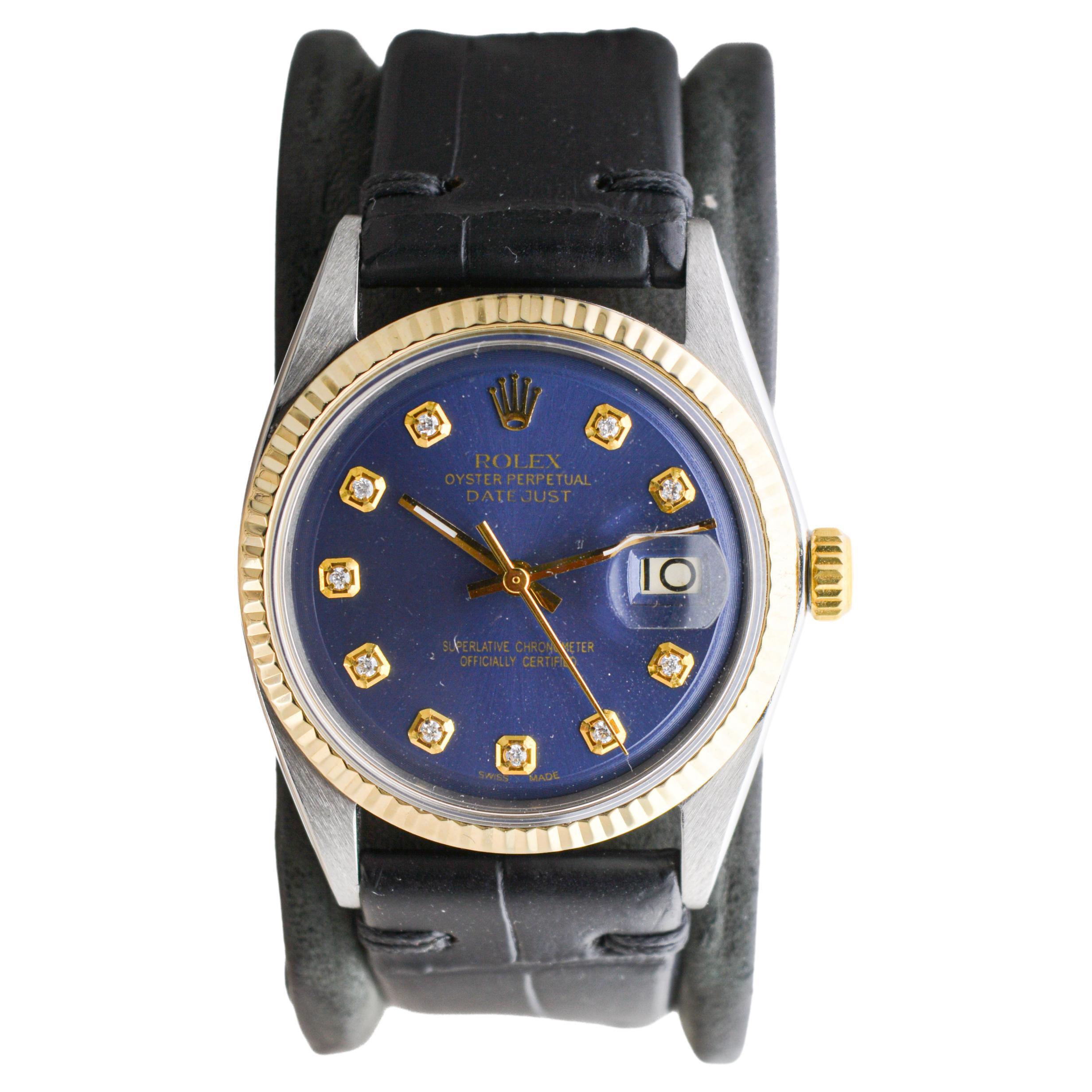 Rolex Montre Datejust avec cadran bleu et index en diamants faits sur mesure, années 1960 Excellent état - En vente à Long Beach, CA