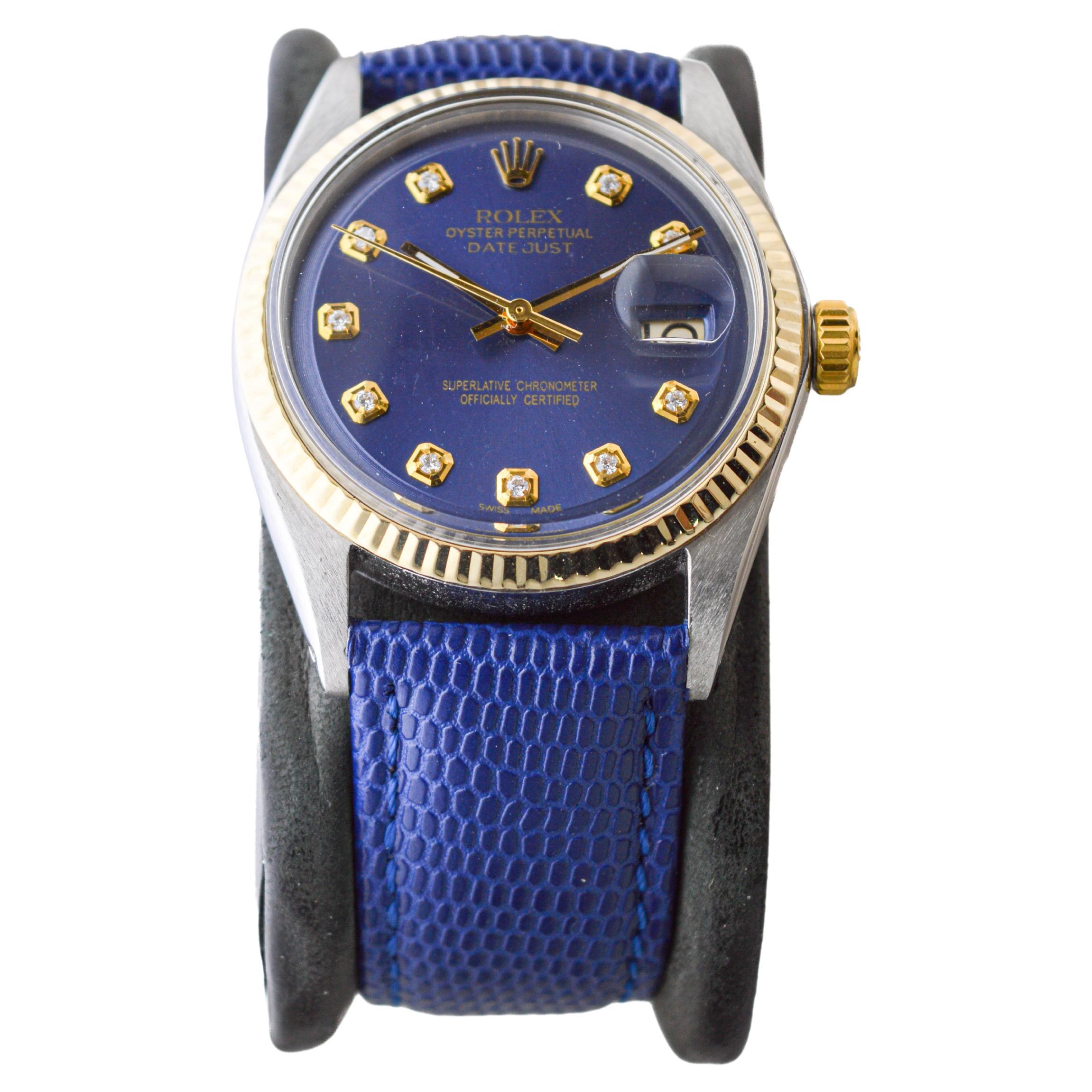 Women's or Men's Rolex Two-Tone Datejust with Custom Made Blue Dial and Diamond Markers 1960's For Sale