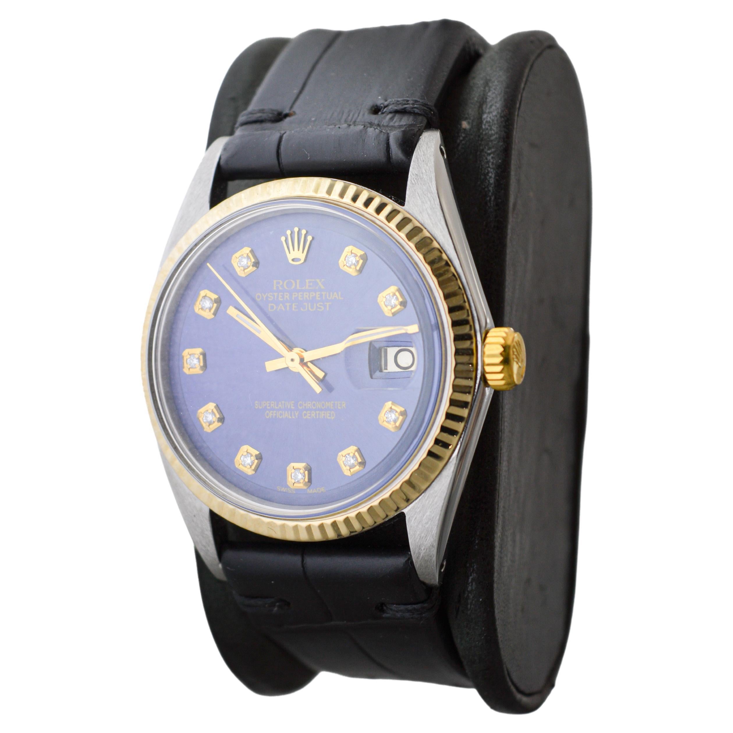 Rolex Montre Datejust avec cadran bleu et index en diamants faits sur mesure, années 1960 en vente 2