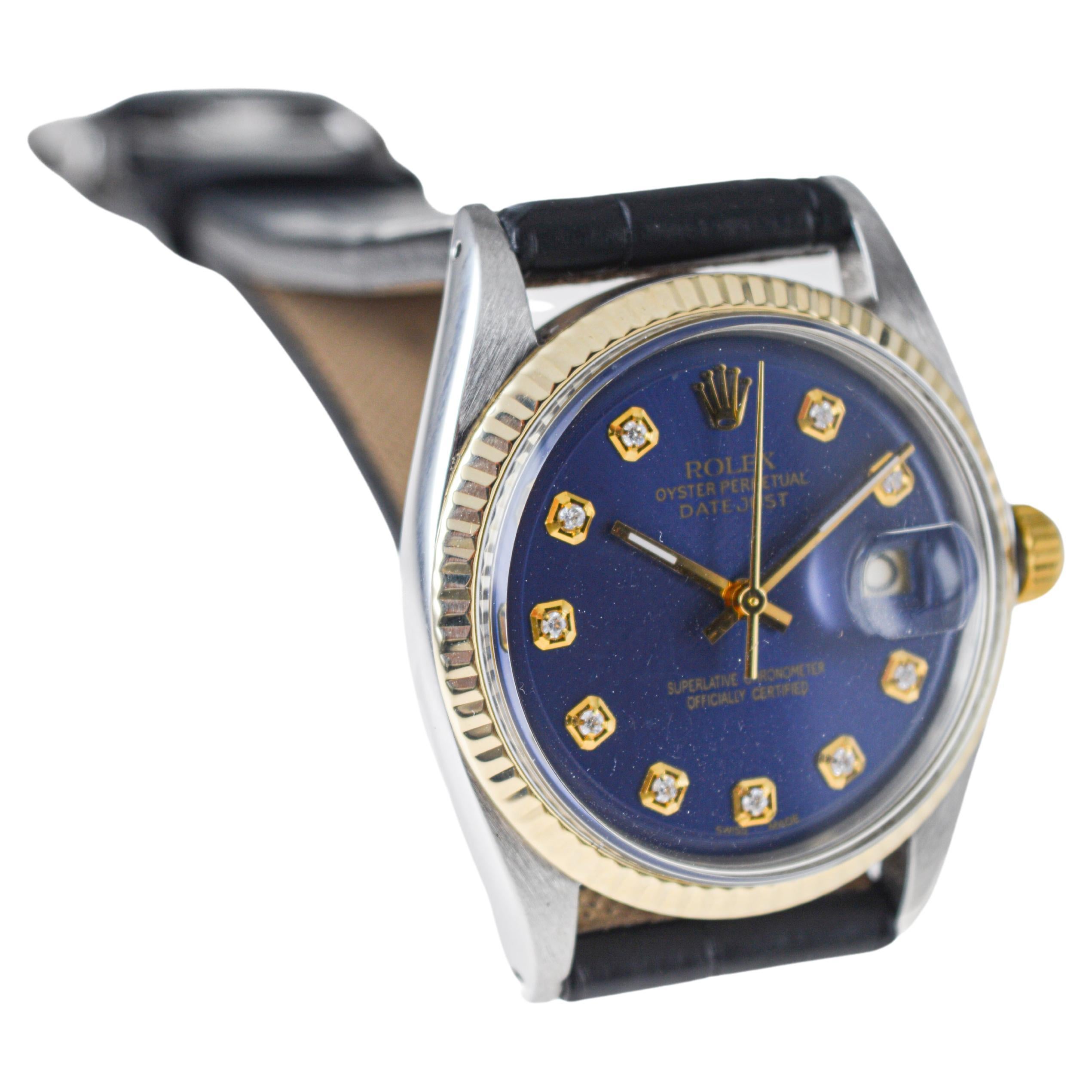 Rolex Montre Datejust avec cadran bleu et index en diamants faits sur mesure, années 1960 en vente 3