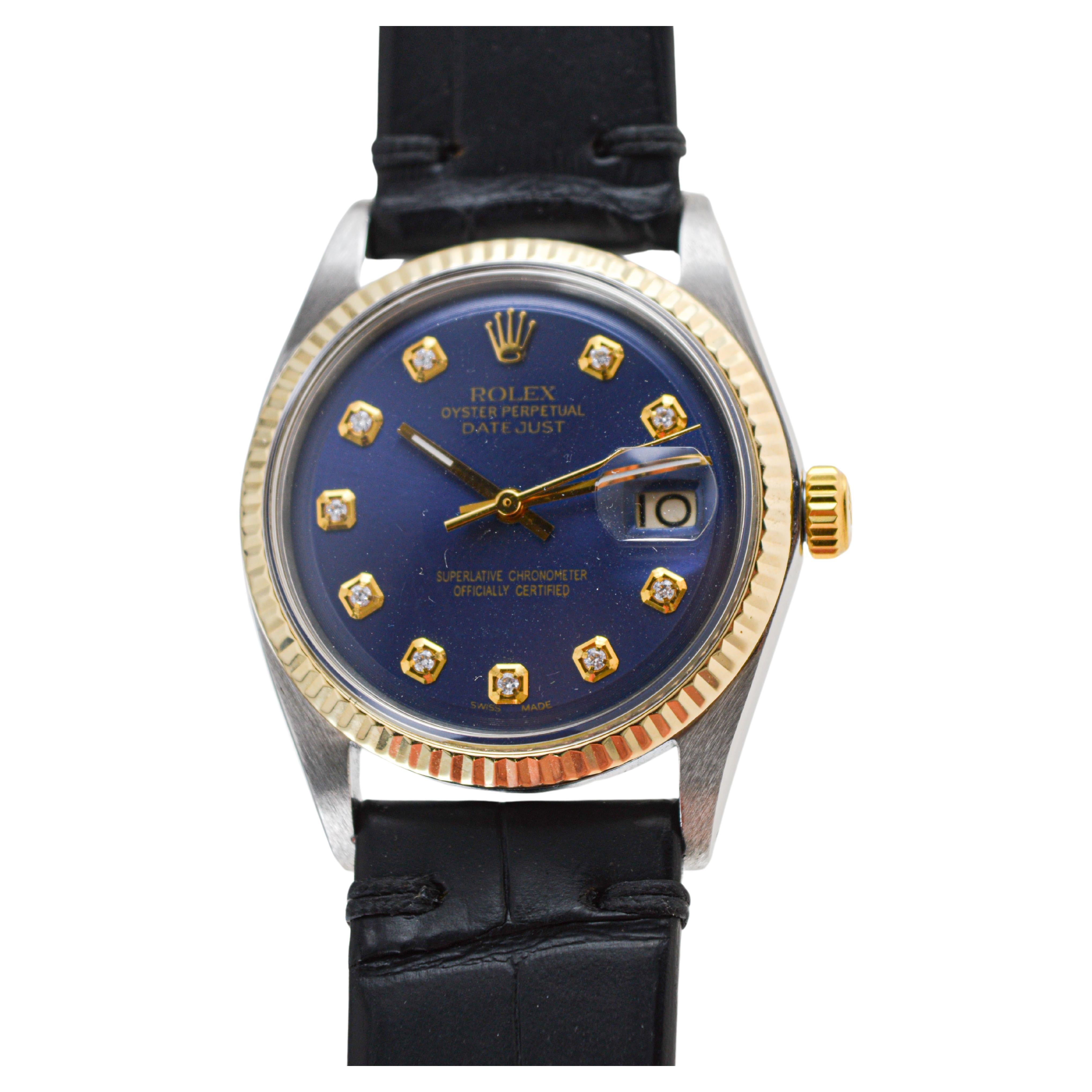 Rolex Montre Datejust avec cadran bleu et index en diamants faits sur mesure, années 1960 en vente 4