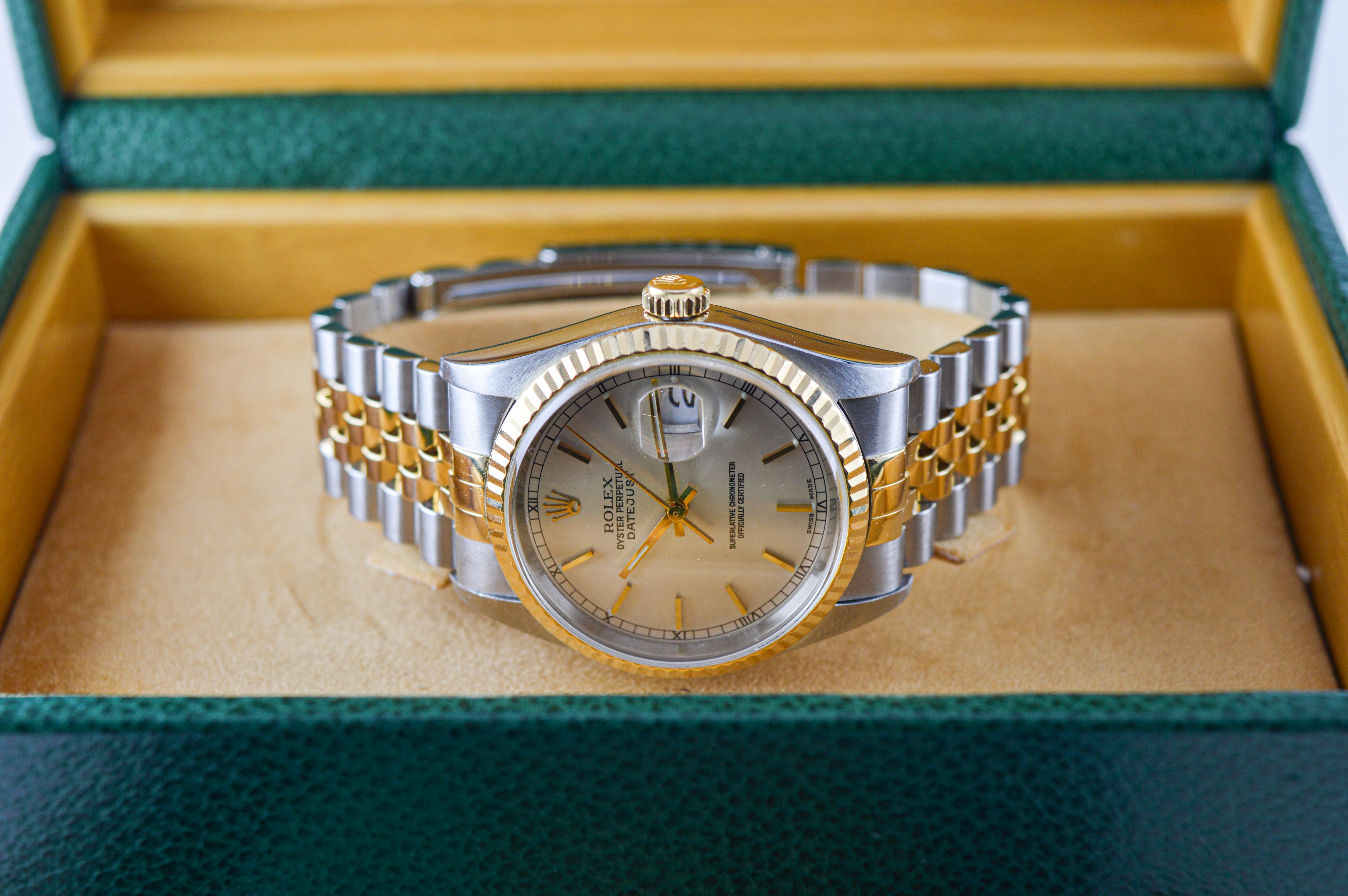 FACTORY / HOUSE: Rolex Watch Company
STYLE / REFERENCE: Datejust / Reference 1601
METAL / MATERIAL: Two-tone
CIRCA / YEAR: 2000's
DIMENSIONS / SIZE: Length 44mm X Diameter 36mm
MOVEMENT / CALIBER: Perpetual Winding / 26 Jewels 
DIAL / HANDS: Factory