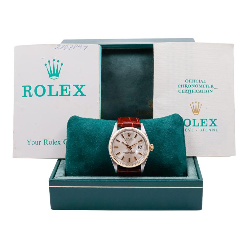 FACTORY / HOUSE: Rolex Watch Company
STYLE / REFERENCE: Oyster Perpetual Datejust / Reference 1601
METAL / MATERIAL: Two Tone Steel and 14Kt. Gold 
CIRCA / YEAR: 1969
DIMENSIONS / SIZE:  Length 44mm X Diameter 36mm
MOVEMENT / CALIBER: Perpetual