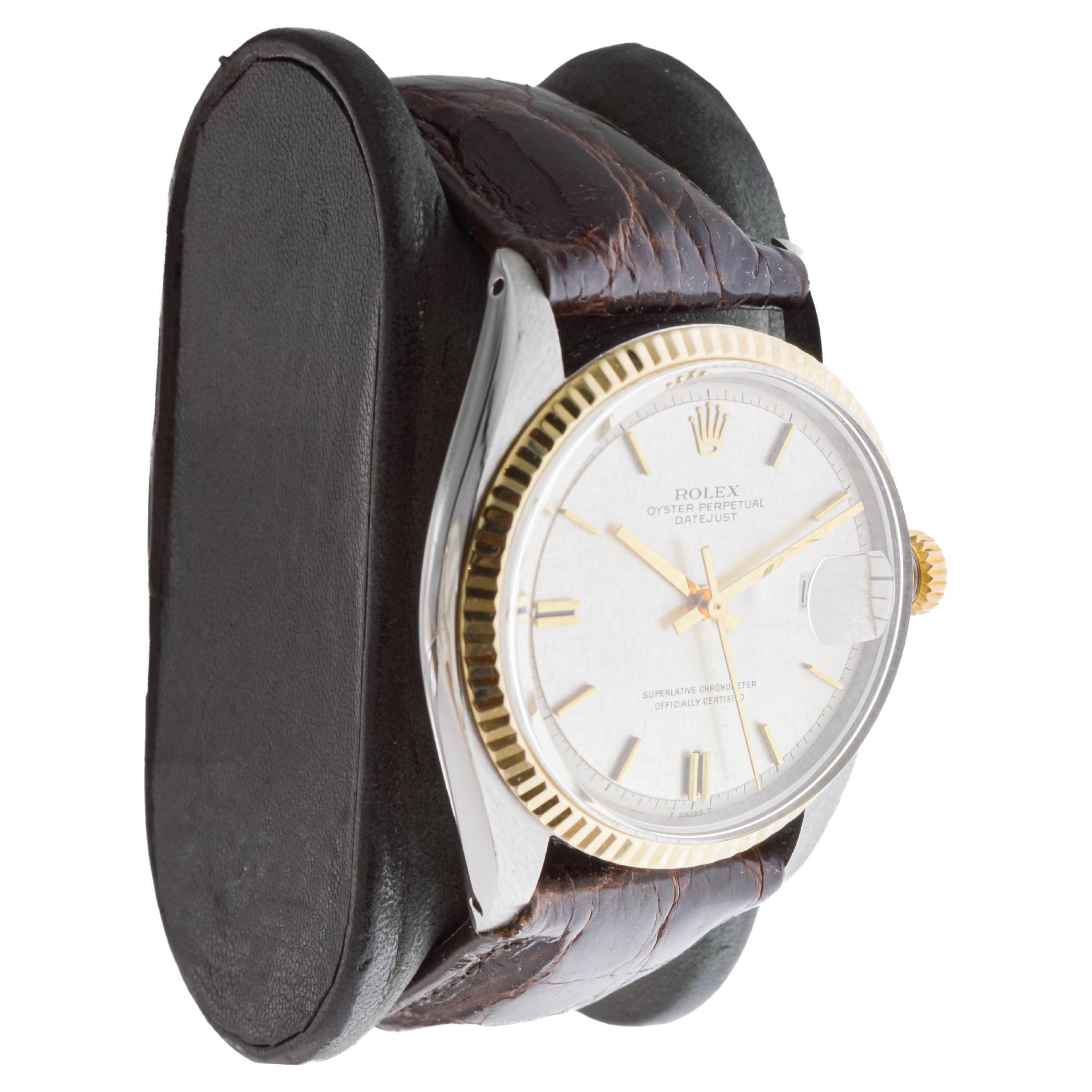 FACTORY / HOUSE: Rolex Watch Company
STYLE / REFERENCE: Datejust / Reference 1601
METAL / MATERIAL: Two Tone Stainless Steel & 14Kt. Gold 
CIRCA / YEAR: 1968
DIMENSIONS / SIZE: Length 44mm X Diameter 36mm
MOVEMENT / CALIBER: Perpetual Winding / 26