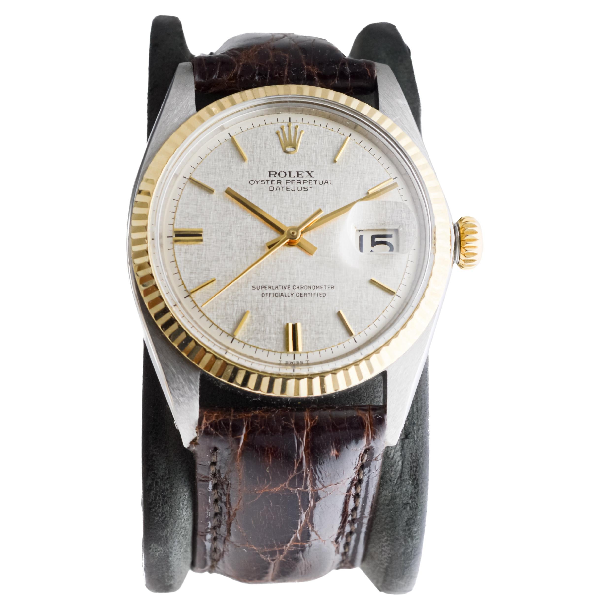 Women's or Men's Rolex Two Tone Datejust with Rare Factory Original Linen Dial 1968
