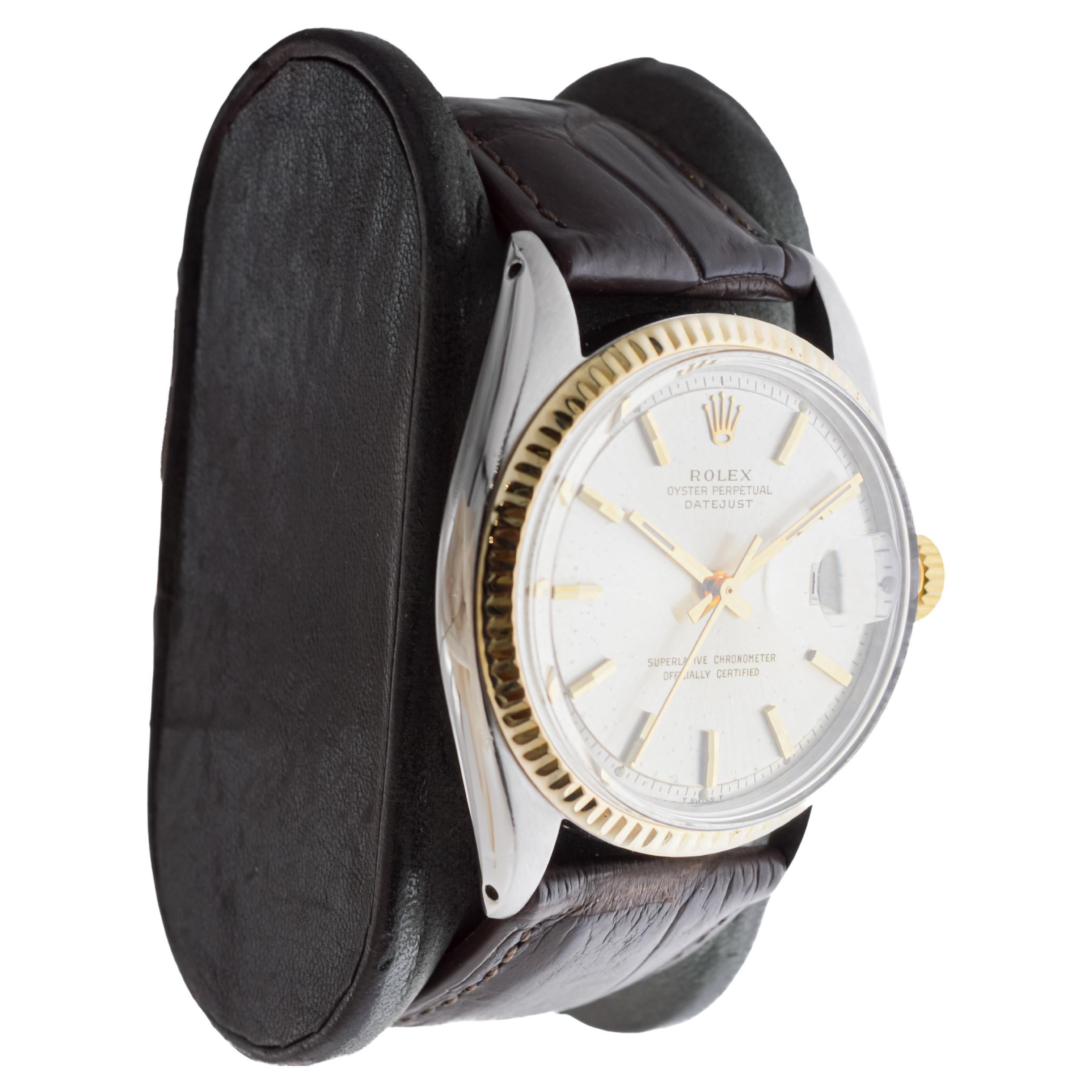 FACTORY / HOUSE: Rolex Watch Company
STYLE / REFERENCE: Datejust / Reference 1601
METAL / MATERIAL: Two Tone Stainless Steel & 14Kt. Yellow Gold Bezel
CIRCA / YEAR: 1960's
DIMENSIONS / SIZE: Length 44mm X Diameter 36mm
MOVEMENT / CALIBER: Perpetual