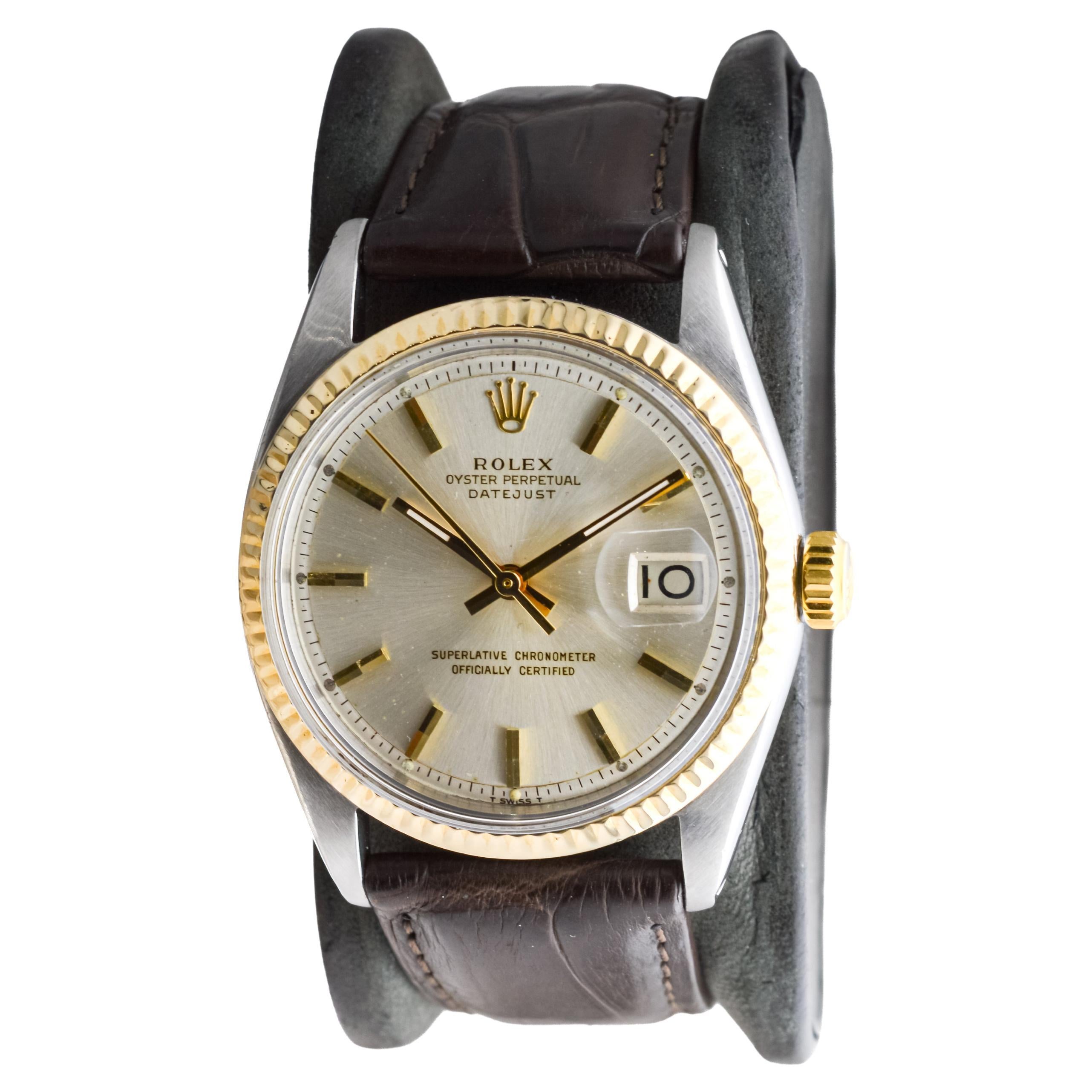 Women's or Men's Rolex Two Tone Datejust with Rare Factory Original Silvered Dial circa 1960's For Sale
