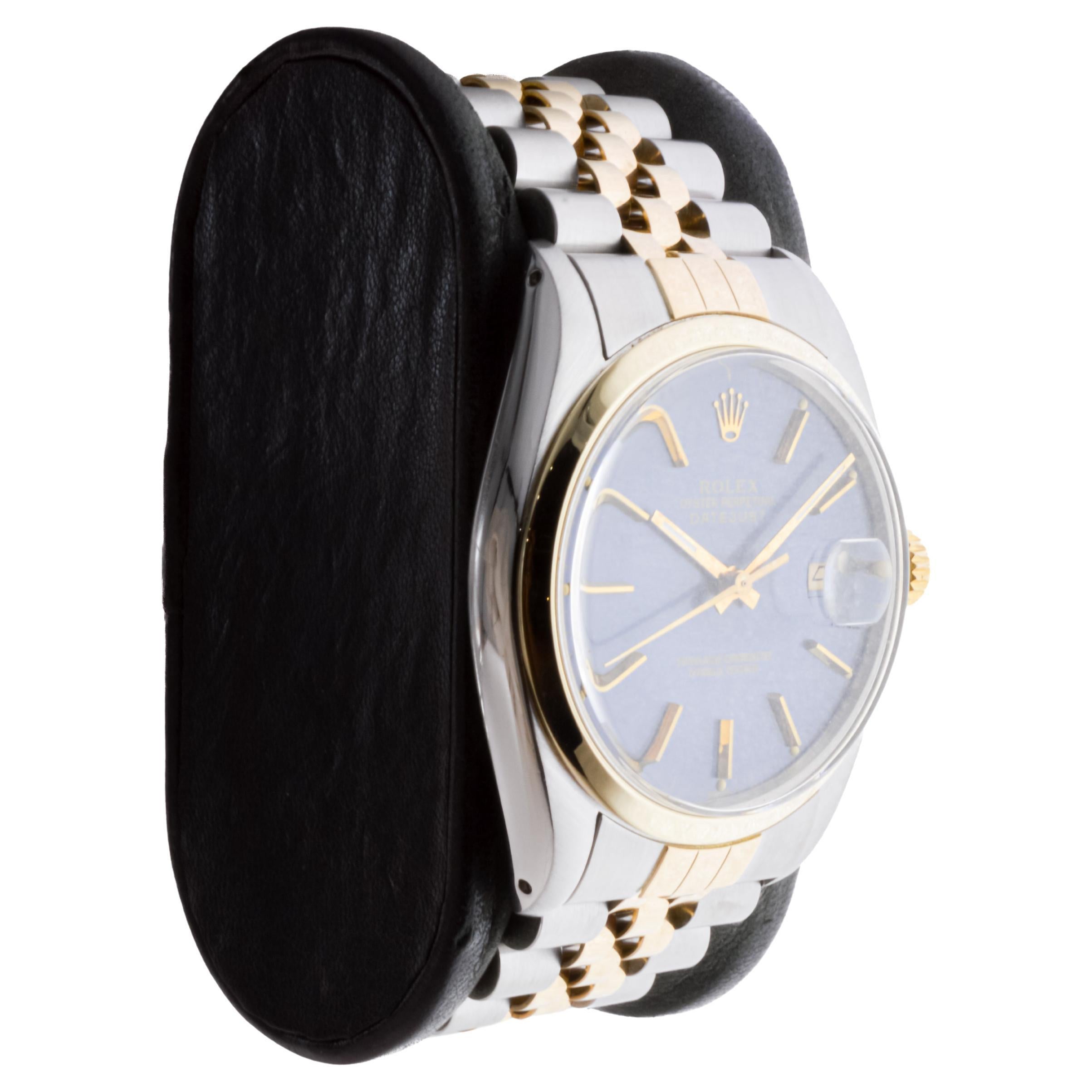 FACTORY / HOUSE: Rolex Watch Company
STYLE / REFERENCE: Datejust / Reference 16000
METAL / MATERIAL: Two Tone Steel and 18Kt. Gold
CIRCA / YEAR: 1970's
DIMENSIONS / SIZE: Length 44mm X Diameter 36mm
MOVEMENT / CALIBER: Perpetual Winding / 27 Jewels