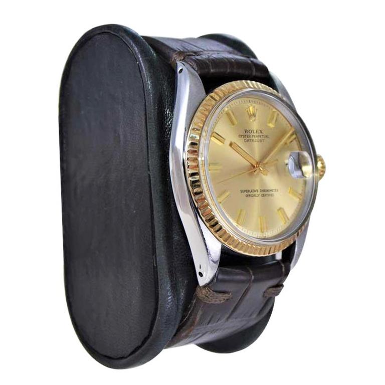 FACTORY / HOUSE: Rolex Watch Company
STYLE / REFERENCE: Datejust / Reference  1601
METAL / MATERIAL: Stainless Steel & 14Kt. Gold 
CIRCA / YEAR: 1971
DIMENSIONS / SIZE: Length 42mm X Diameter 36mm
MOVEMENT / CALIBER: Perpetual Winding / 26 Jewels /