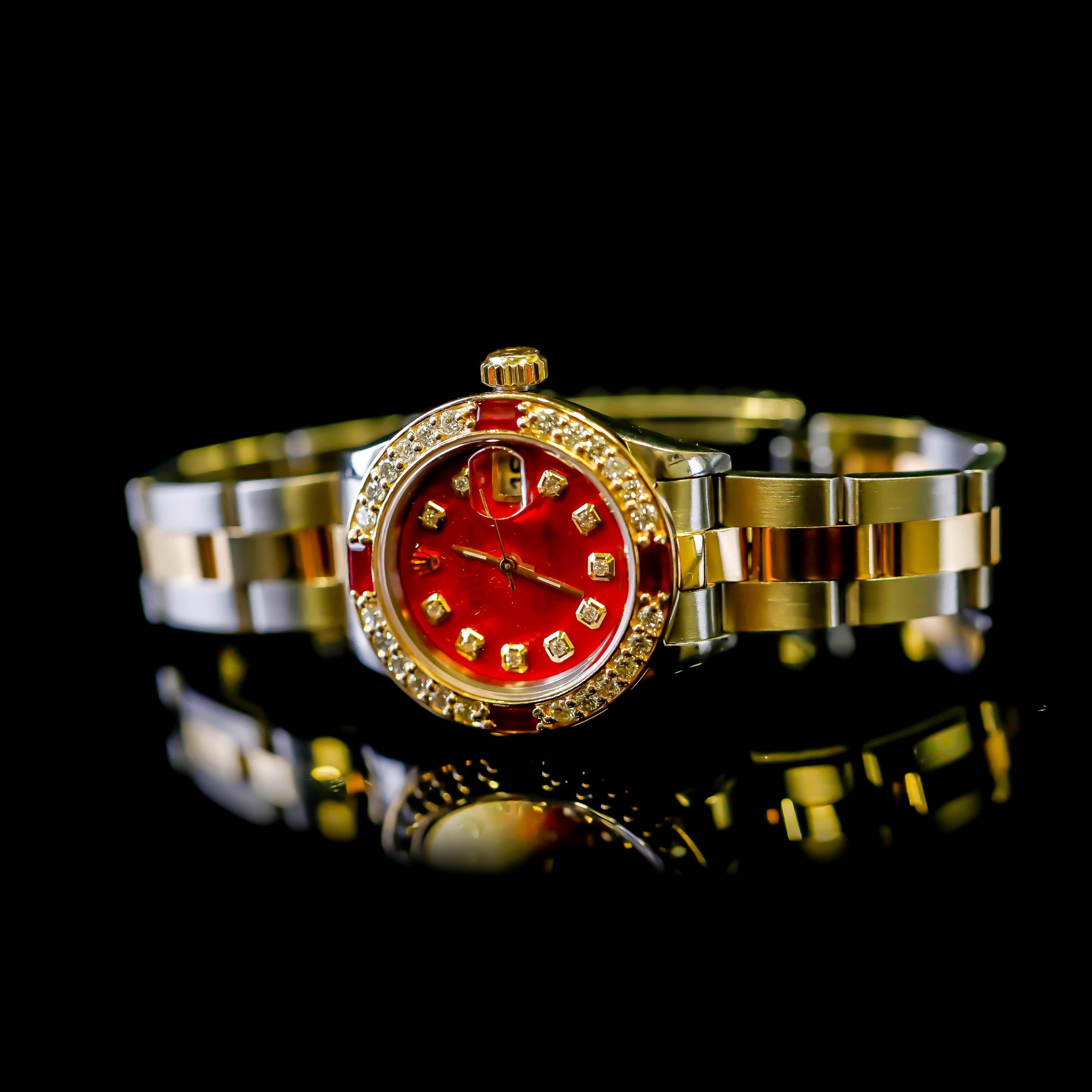 Rolex Two-Tone Ladies Datejust, Automatic Diamond Ruby Dial 18 Karat Gold For Sale 1
