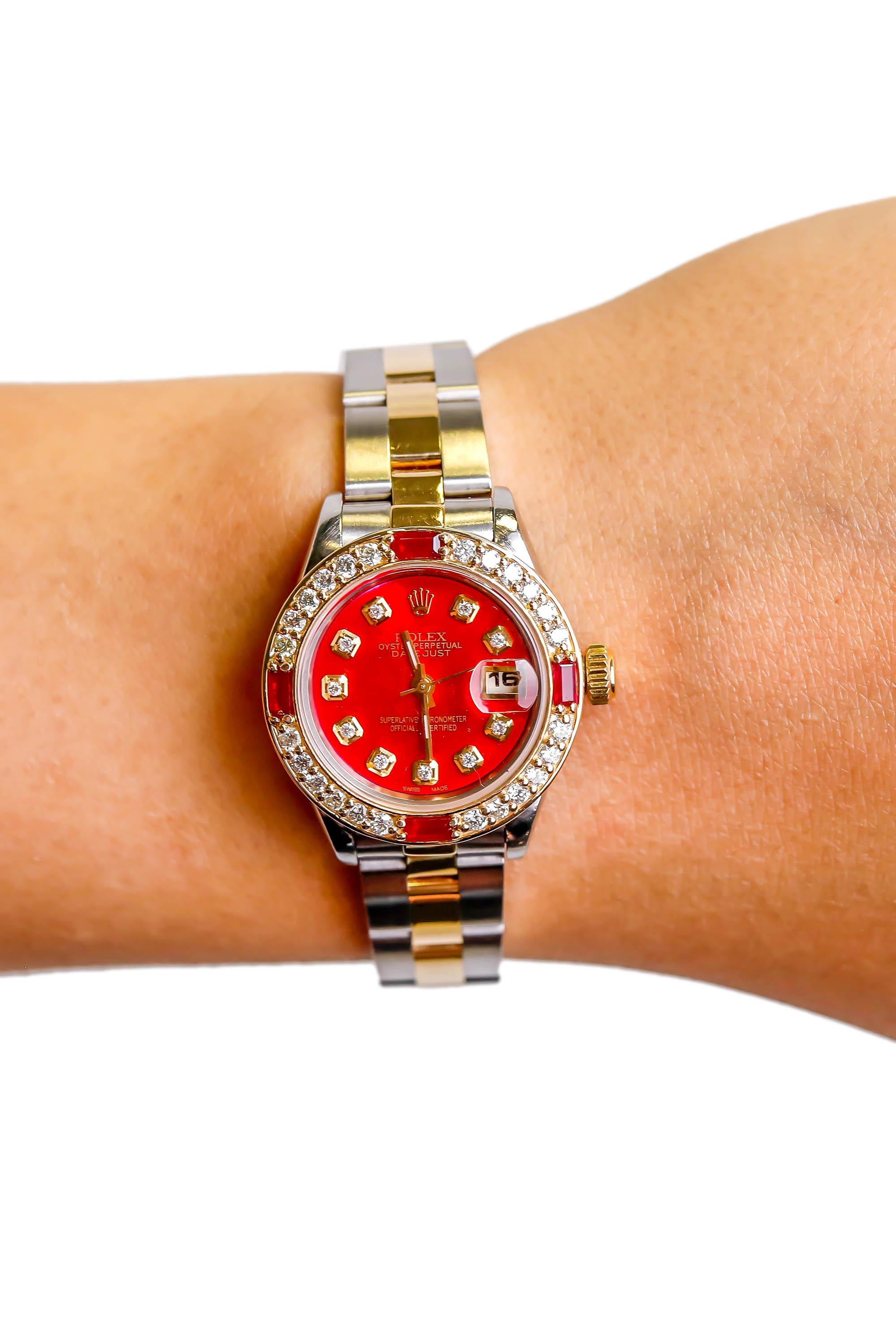 Modern Rolex Two-Tone Ladies Datejust, Automatic Diamond Ruby Dial 18 Karat Gold For Sale