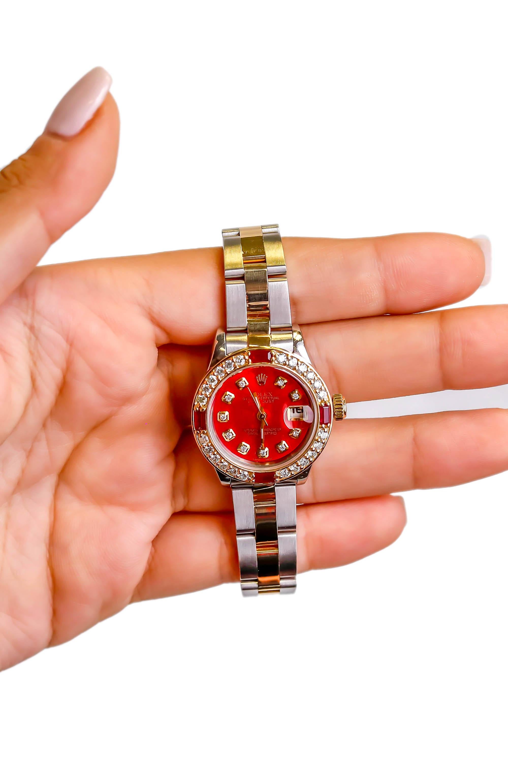 Rolex Two-Tone Ladies Datejust, Automatic Diamond Ruby Dial 18 Karat Gold In Excellent Condition For Sale In New York, NY