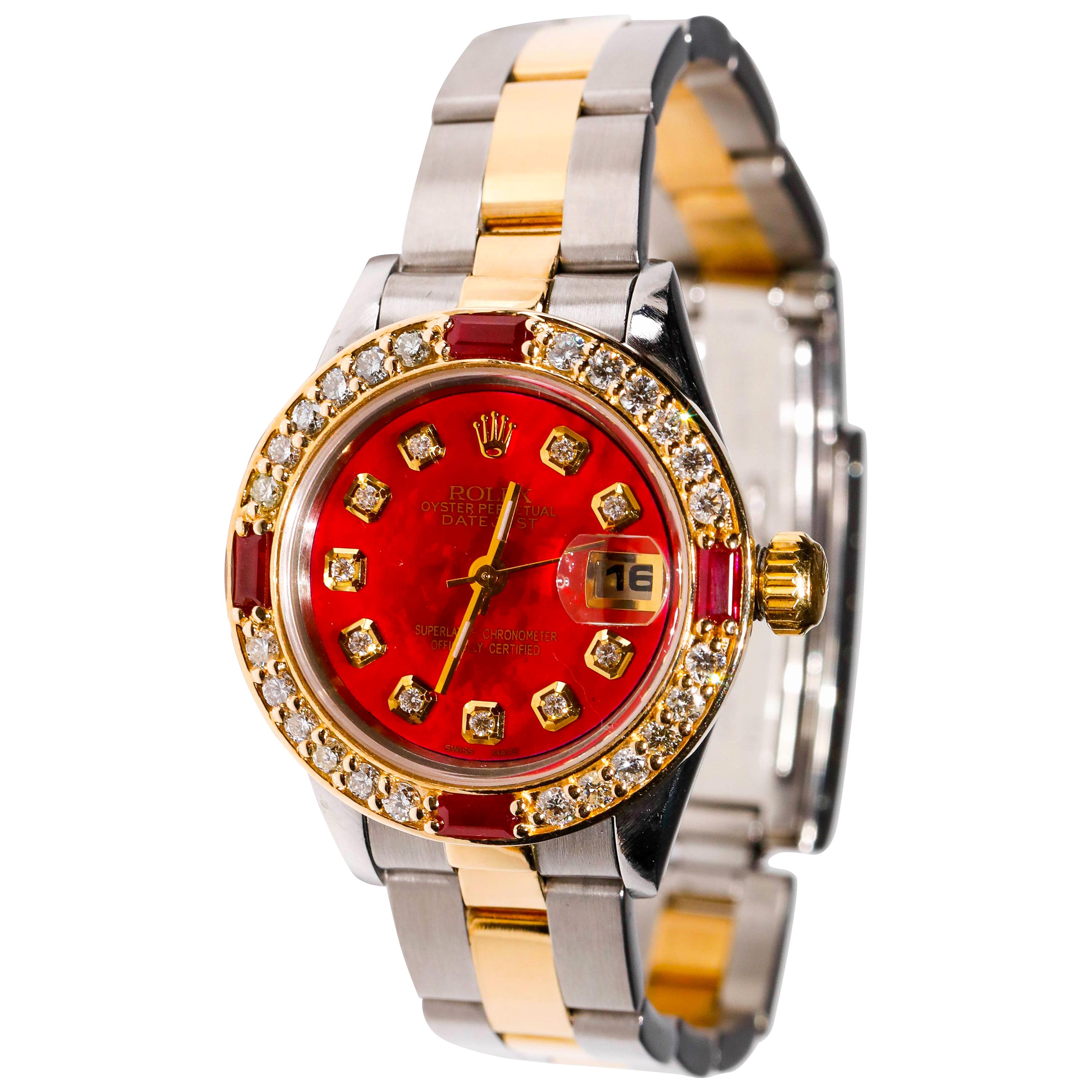 Rolex Two-Tone Ladies Datejust, Automatic Diamond Ruby Dial 18 Karat Gold For Sale