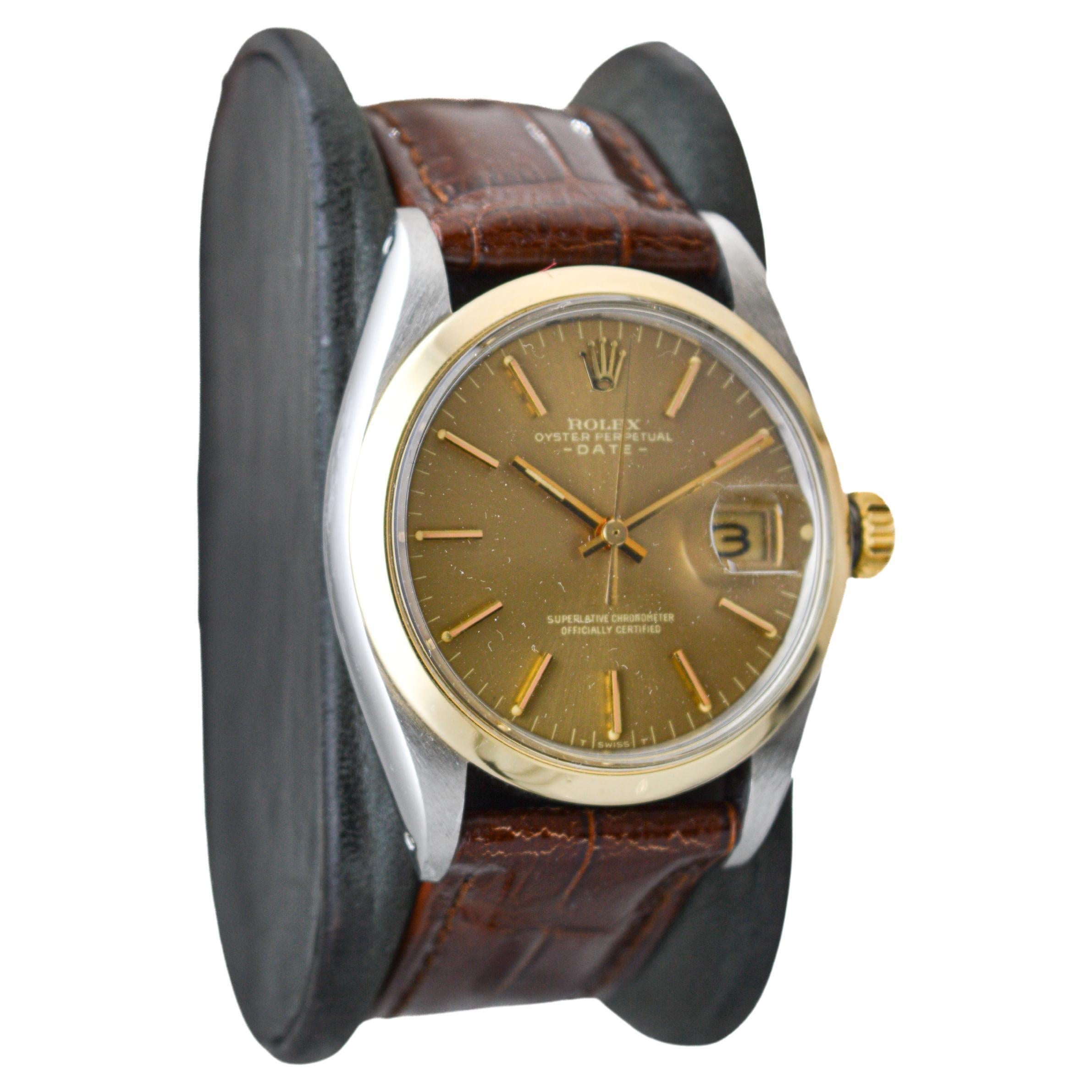 FACTORY / HOUSE: Rolex Watch Company
STYLE / REFERENCE: Oyster Perpetual Date / Reference 1500
METAL / MATERIAL: Two Tone / 14Kt. & Stainless Steel 
CIRCA / YEAR: 1960's
DIMENSIONS / SIZE: Length 43mm X Diameter 35mm
MOVEMENT / CALIBER: Perpetual