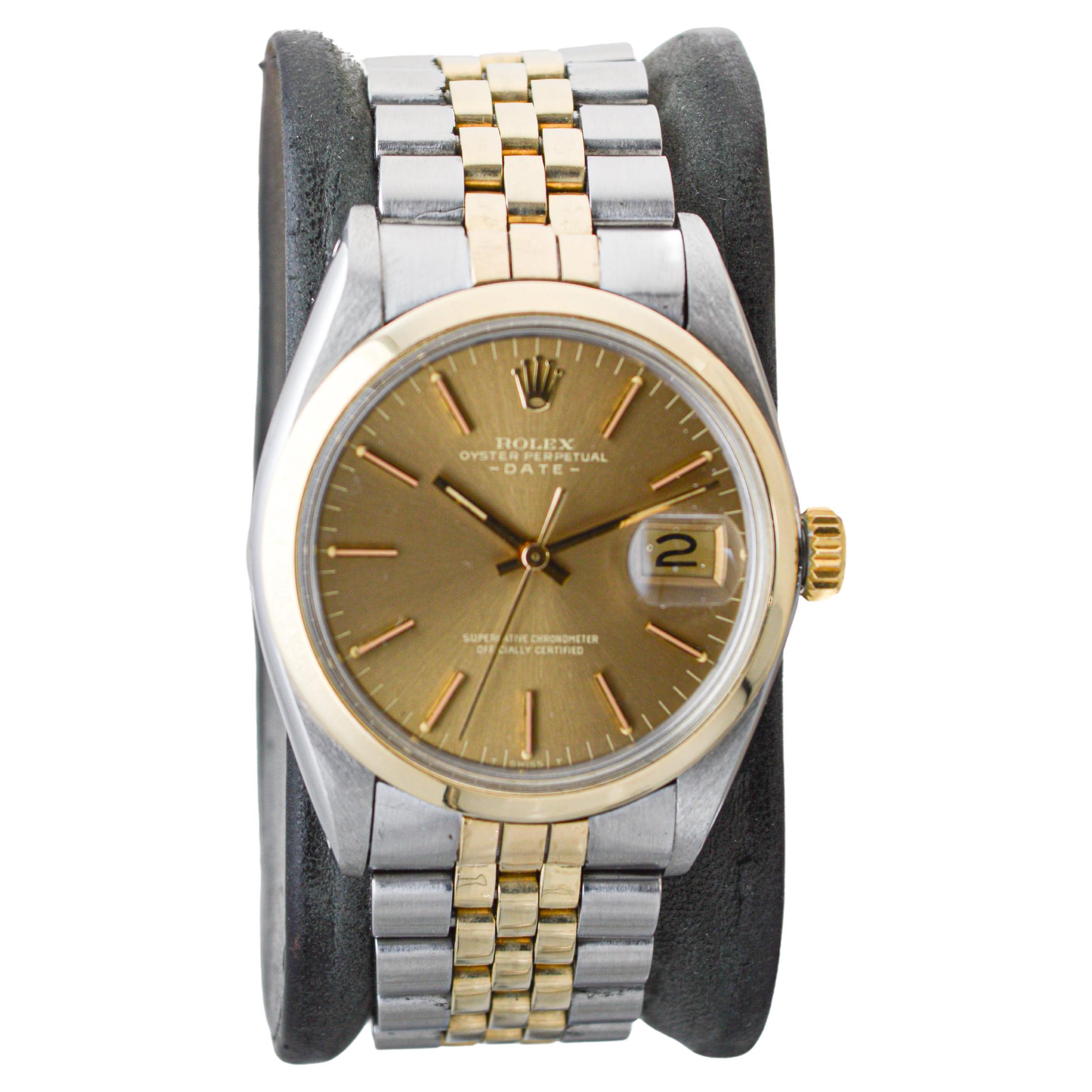 FACTORY / HOUSE: Rolex Watch Company
STYLE / REFERENCE: Oyster Perpetual Date / Reference 1500
METAL / MATERIAL: Two Tone 14Kt. & Stainless Steel 
CIRCA / YEAR: 1969
DIMENSIONS / SIZE: Length 43mm X Diameter 35mm
MOVEMENT / CALIBER: Perpetual