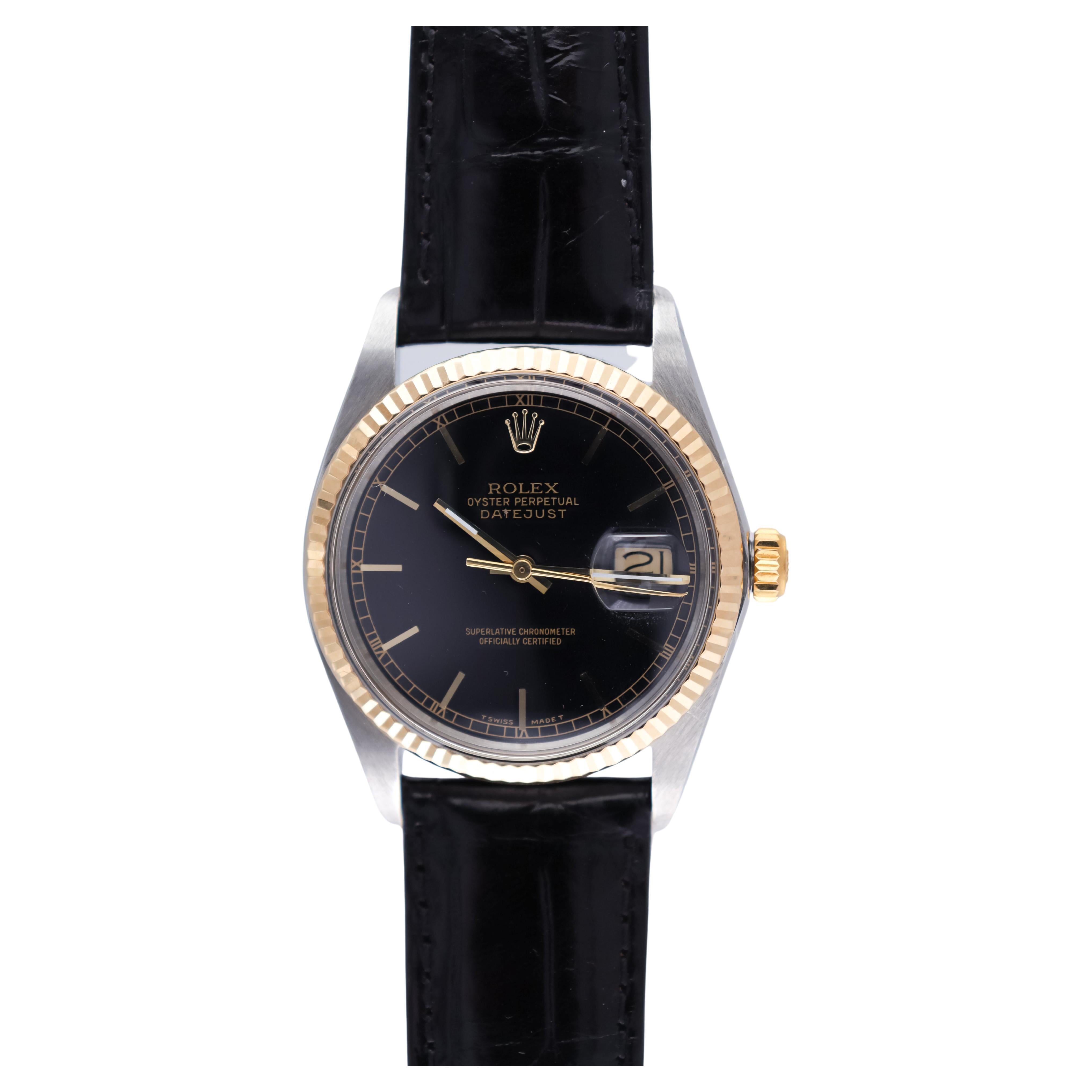 Rolex Montre Oyster Perpetual Datejust bicolore avec cadran noir d'origine, 1987 en vente 5