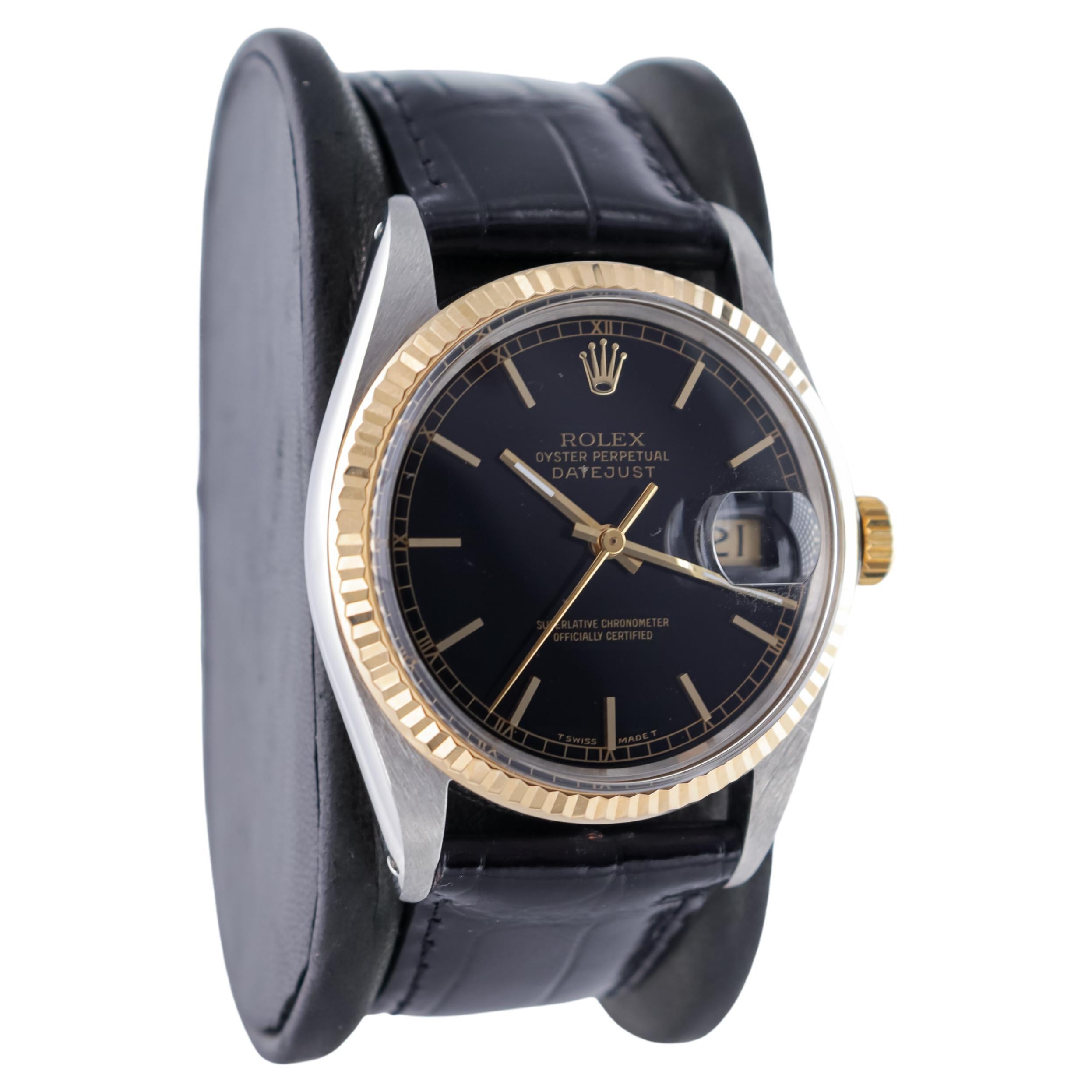 FACTORY / HOUSE: Rolex Watch Company
STYLE / REFERENCE: Oyster Perpetual Datejust / Reference 1600
METAL / MATERIAL: Two Tone Steel and 18Kt. Gold
CIRCA / YEAR: 1987
DIMENSIONS / SIZE: Length 44mm X Diameter 36mm
MOVEMENT / CALIBER: Perpetual