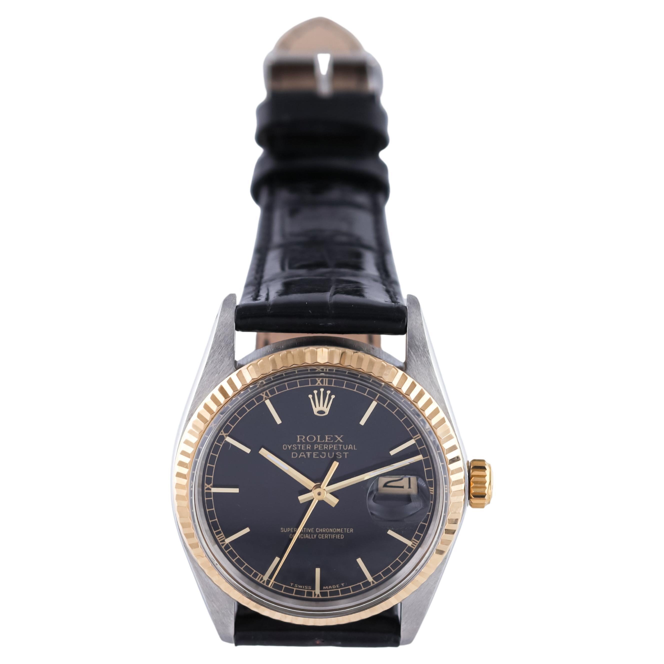 Modern Rolex Two Tone Oyster Perpetual Datejust with Original Rare Black Dial 1987 For Sale