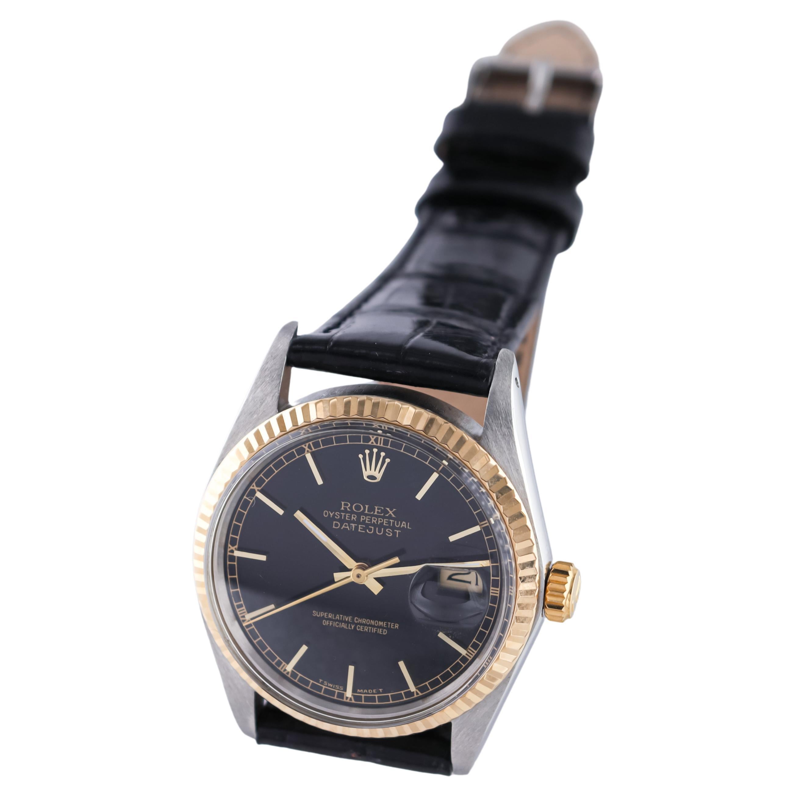 Rolex Montre Oyster Perpetual Datejust bicolore avec cadran noir d'origine, 1987 en vente 1