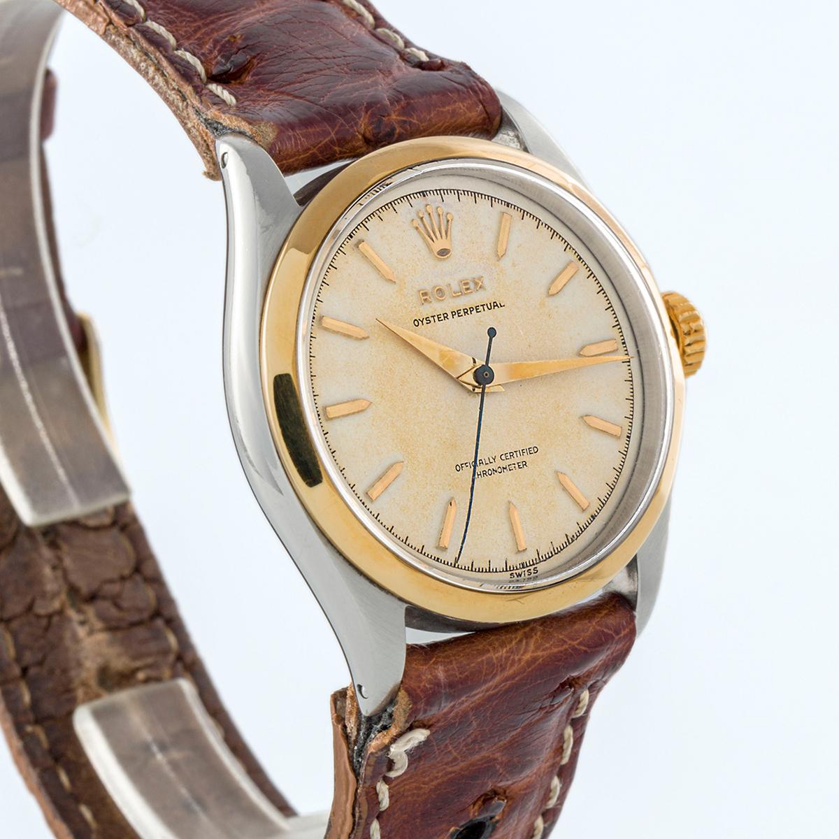 Rolex Zwei Ton Oyster Semi Bubbleback Super Patina Zifferblatt Referenz 6286 im Angebot 1