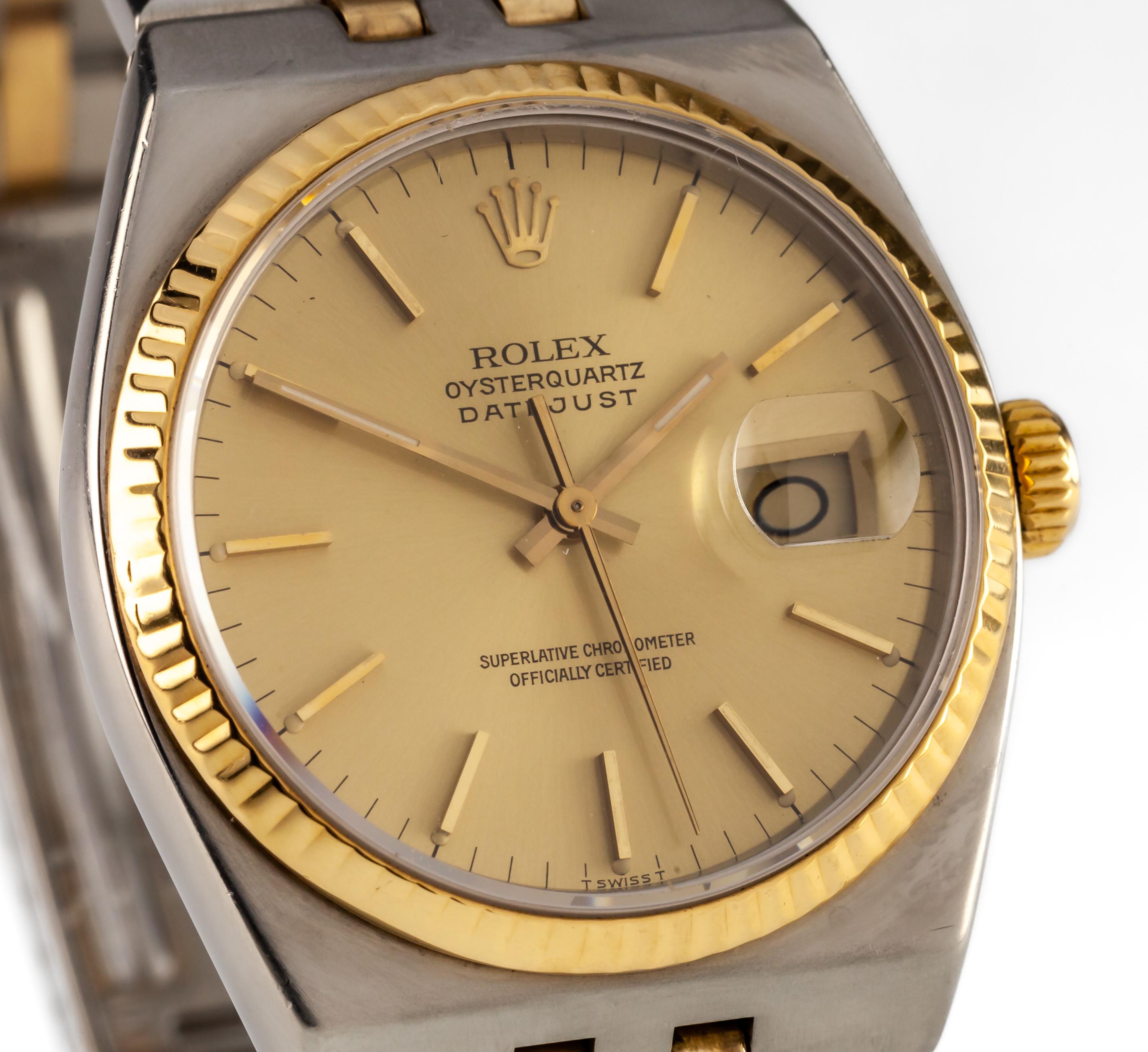 Rolex Two Tone Oysterquartz Men's Watch w/ Gold Dial 17013 1986 FULL LINKS Pour hommes en vente