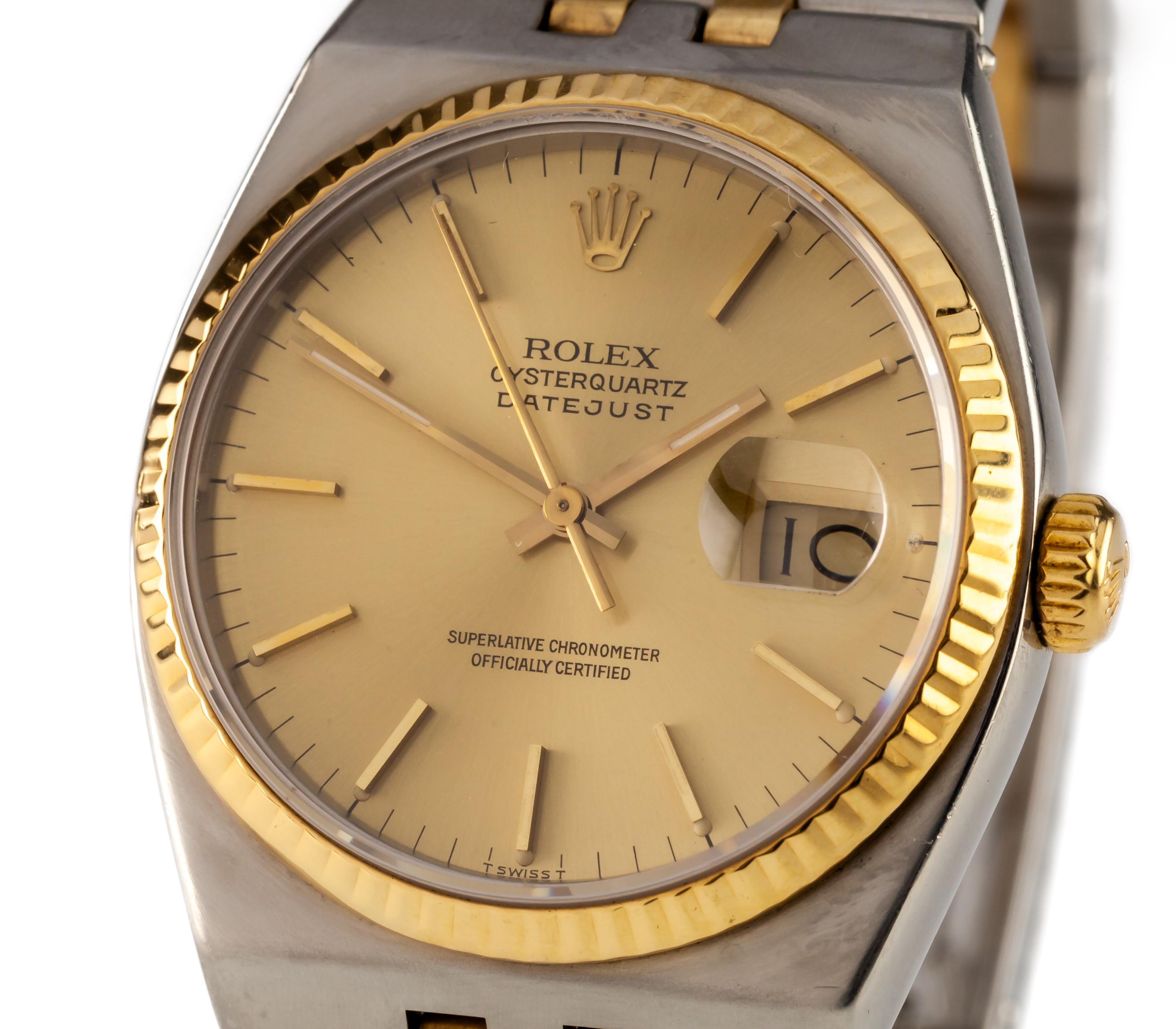 Rolex Two Tone Oysterquartz Men's Watch w/ Gold Dial 17013 1986 FULL LINKS en vente 1