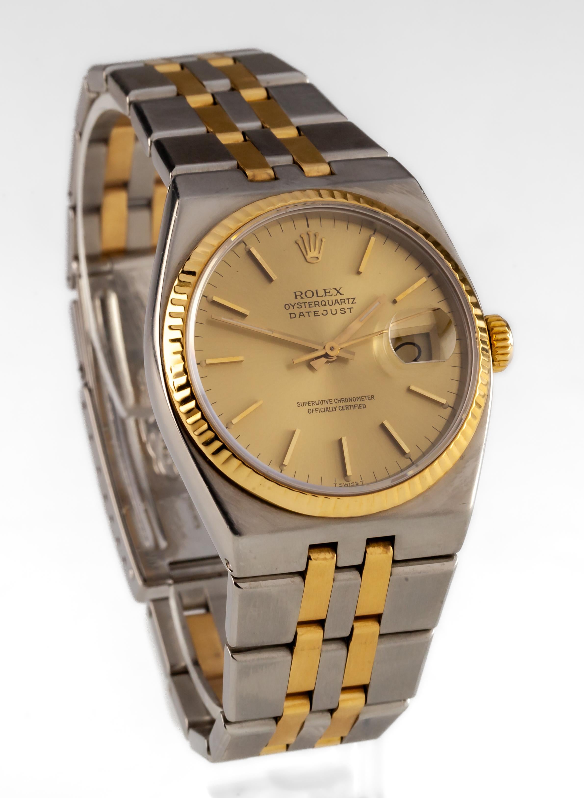 Rolex Two Tone Oysterquartz Men's Watch w/ Gold Dial 17013 1986 FULL LINKS en vente 2
