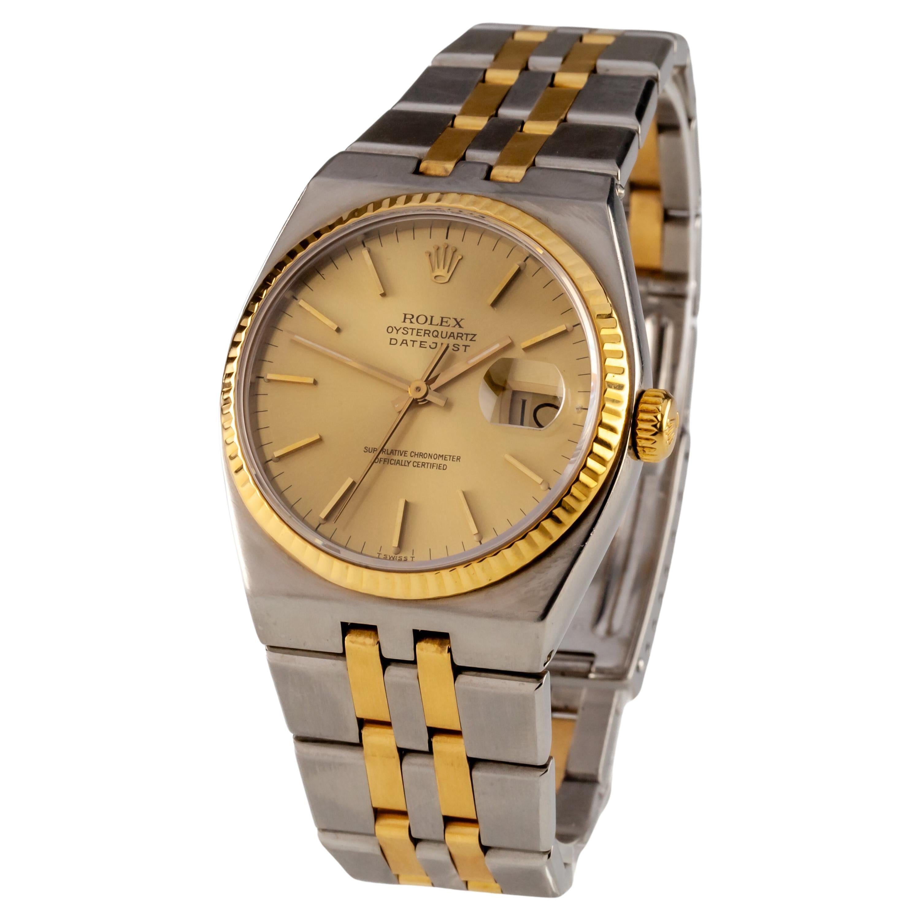 Rolex Two Tone Oysterquartz Men's Watch w/ Gold Dial 17013 1986 FULL LINKS en vente