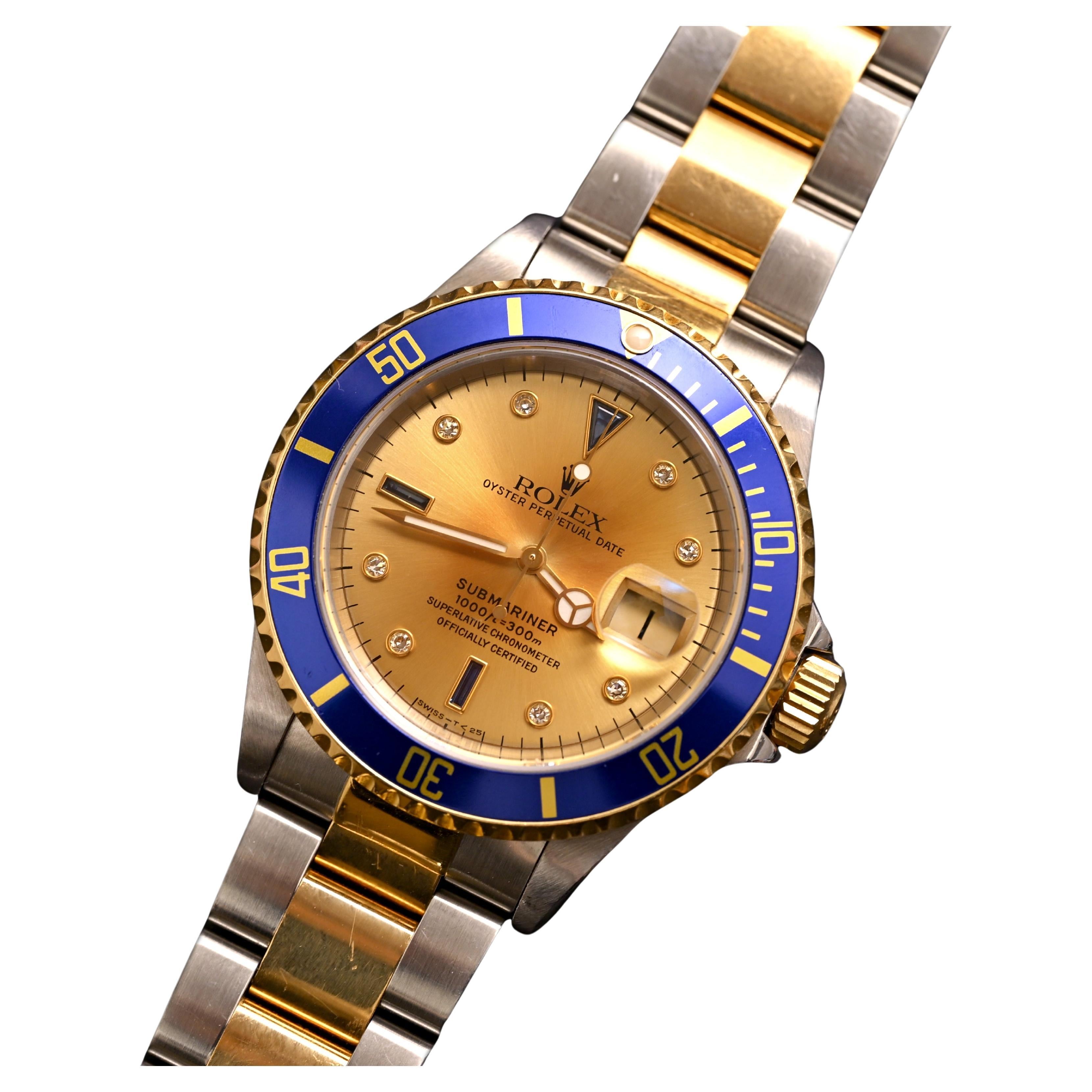 Rolex Two-Tone Submariner Cadran or avec index saphir et diamant Ref. 16613 en vente