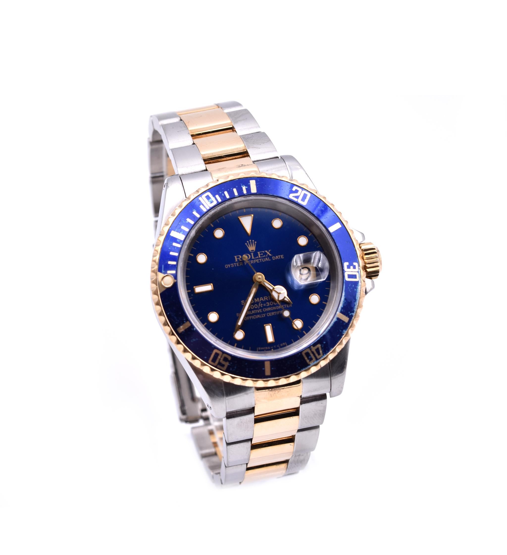 Movement: automatic
Function: hours, minutes, sweep seconds, date at 3 o’clock
Case: 40mm stainless steel case, 18k yellow gold blue bezel, scratch resistant sapphire crystal
Dial: blue dial, white hour markers
Band: 18k yellow gold and stainless