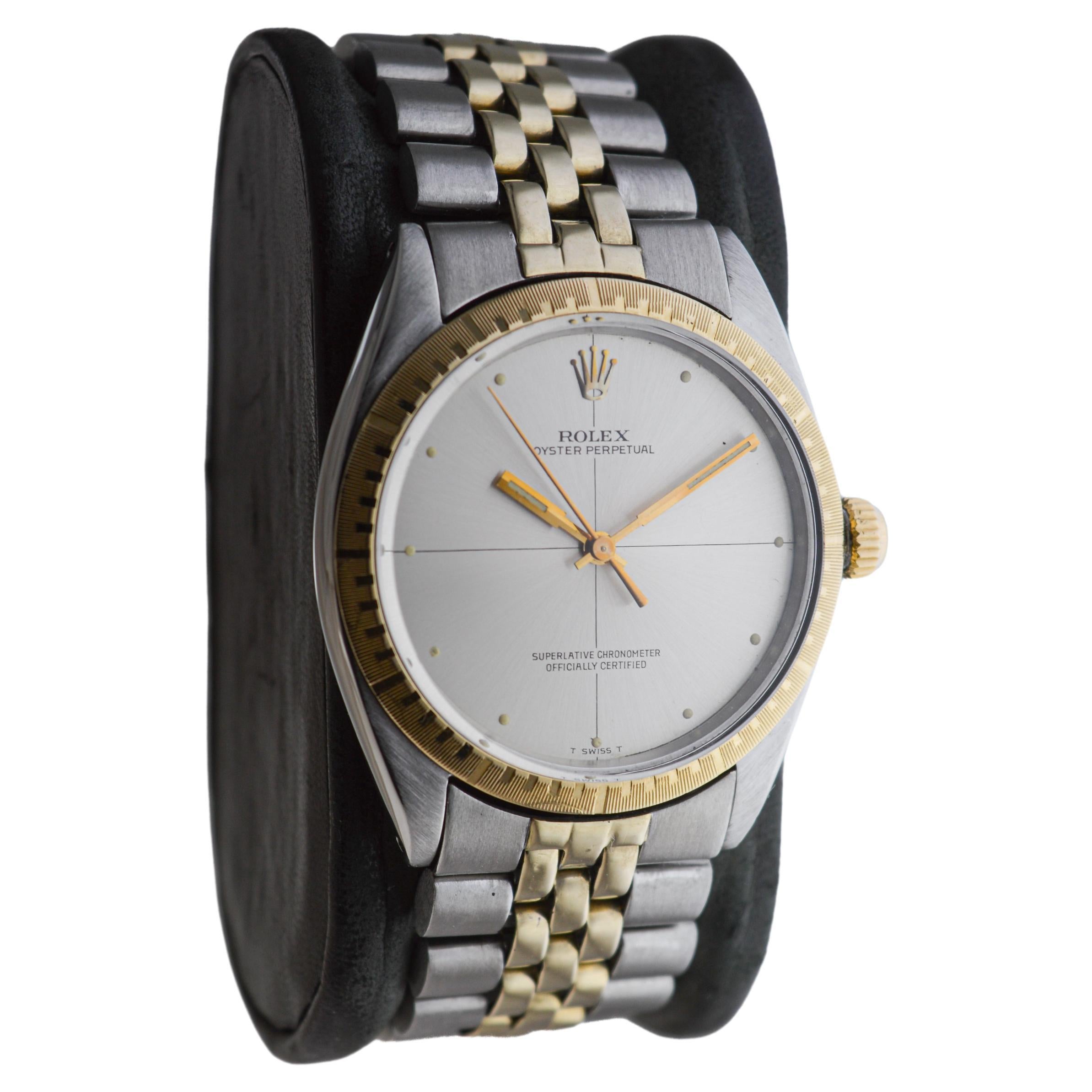 FACTORY / HOUSE: Rolex Watch Company
STYLE / REFERENCE: Zephyr / Reference 1038/1008
METAL / MATERIAL:  Two Tone 14Kt. & Steel 
CIRCA / YEAR: 1968
DIMENSIONS / SIZE: Length 40mm X Diameter 34mm
MOVEMENT / CALIBER: Perpetual Winding / 26 Jewels /