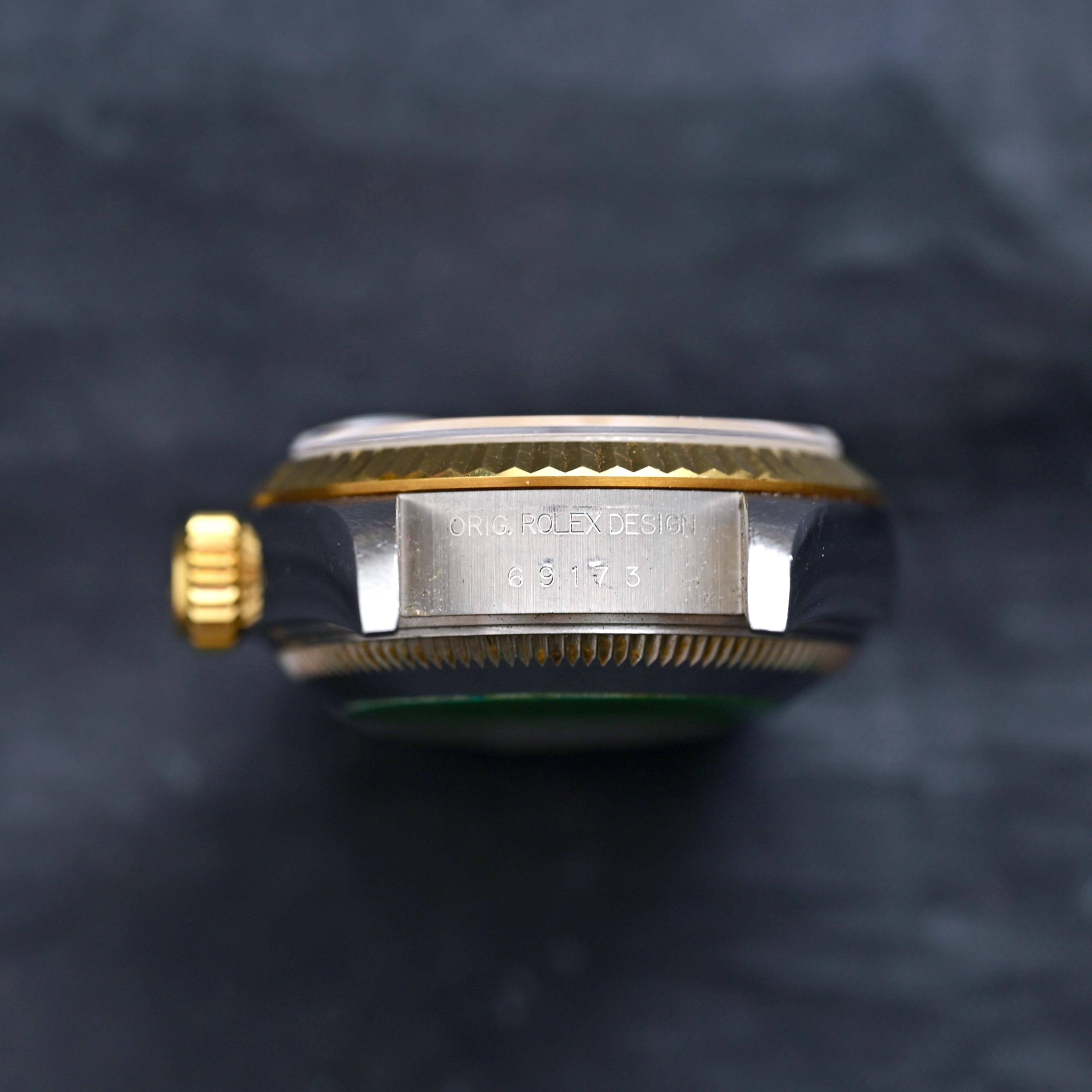 Marke: Vintage By Rolex
Modell: 69173
Jahr: 1996
Seriennummer: T6xxxxx
Referenz: C04890

Gehäuse: 26mm Edelstahl & Gelbgold Gehäuse ohne Krone; Zeigen Anzeichen von Verschleiß mit leichter Politur von früheren

Zifferblatt: In gutem Zustand