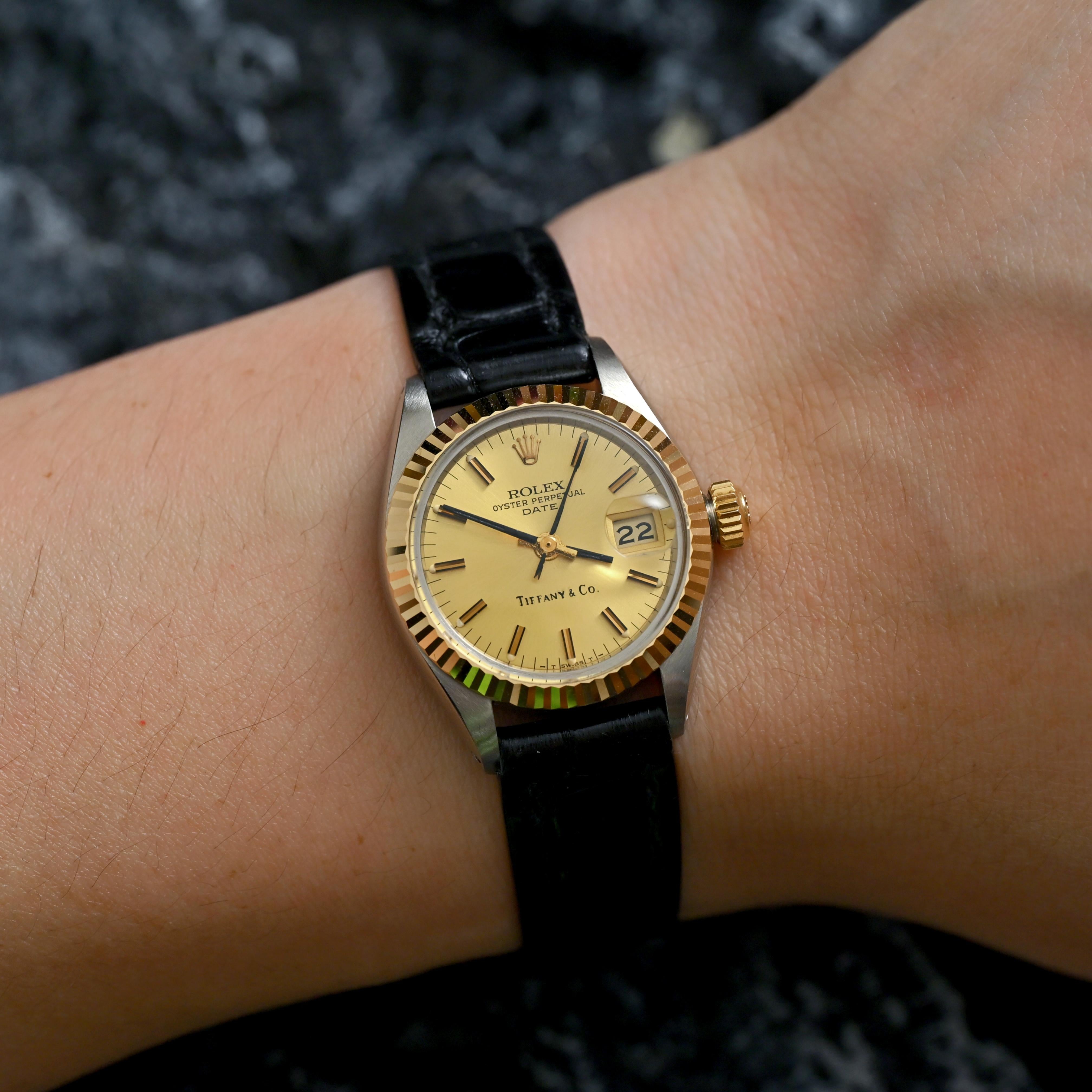 Rolex Two-Tones Lady Datejust Gold Dial Tiffany&Co. w/ Leather Strap Ref. 6917 For Sale 7