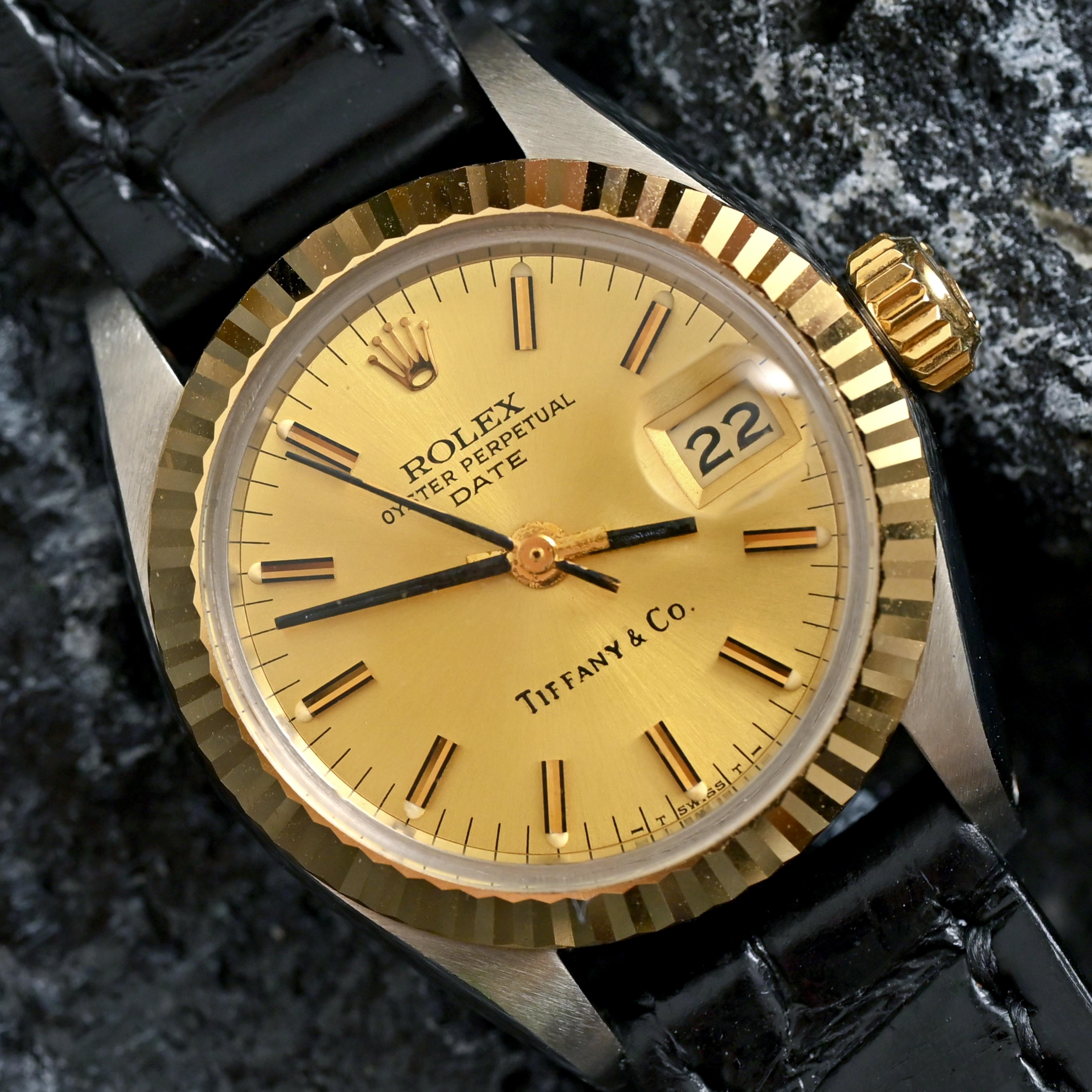 Rolex Two-Tones Lady Datejust Gold Dial Tiffany&Co. w/ Leather Strap Ref. 6917 For Sale 4