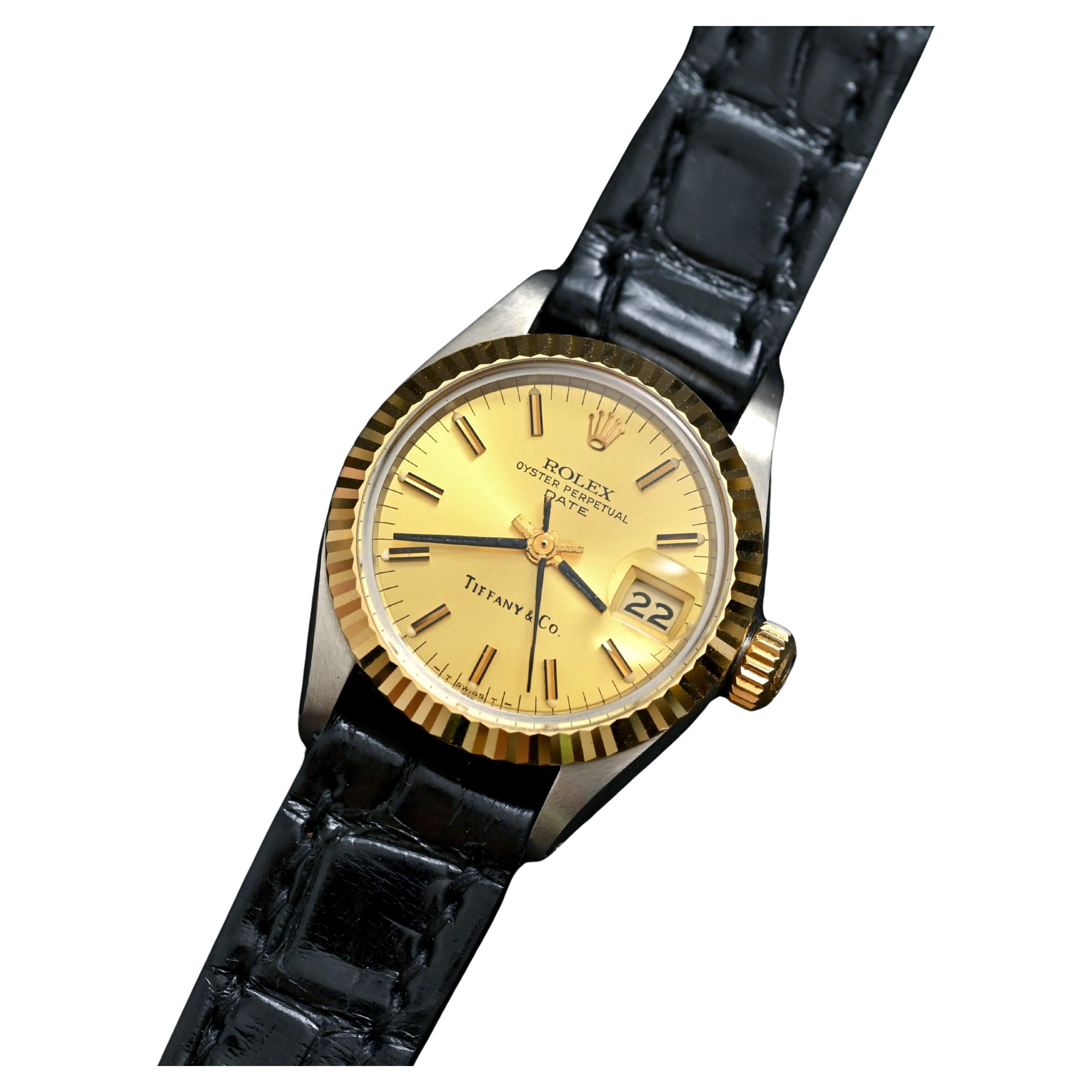 Rolex Two-Tones Lady Datejust Gold Dial Tiffany&Co. w/ Leather Strap Ref. 6917 For Sale