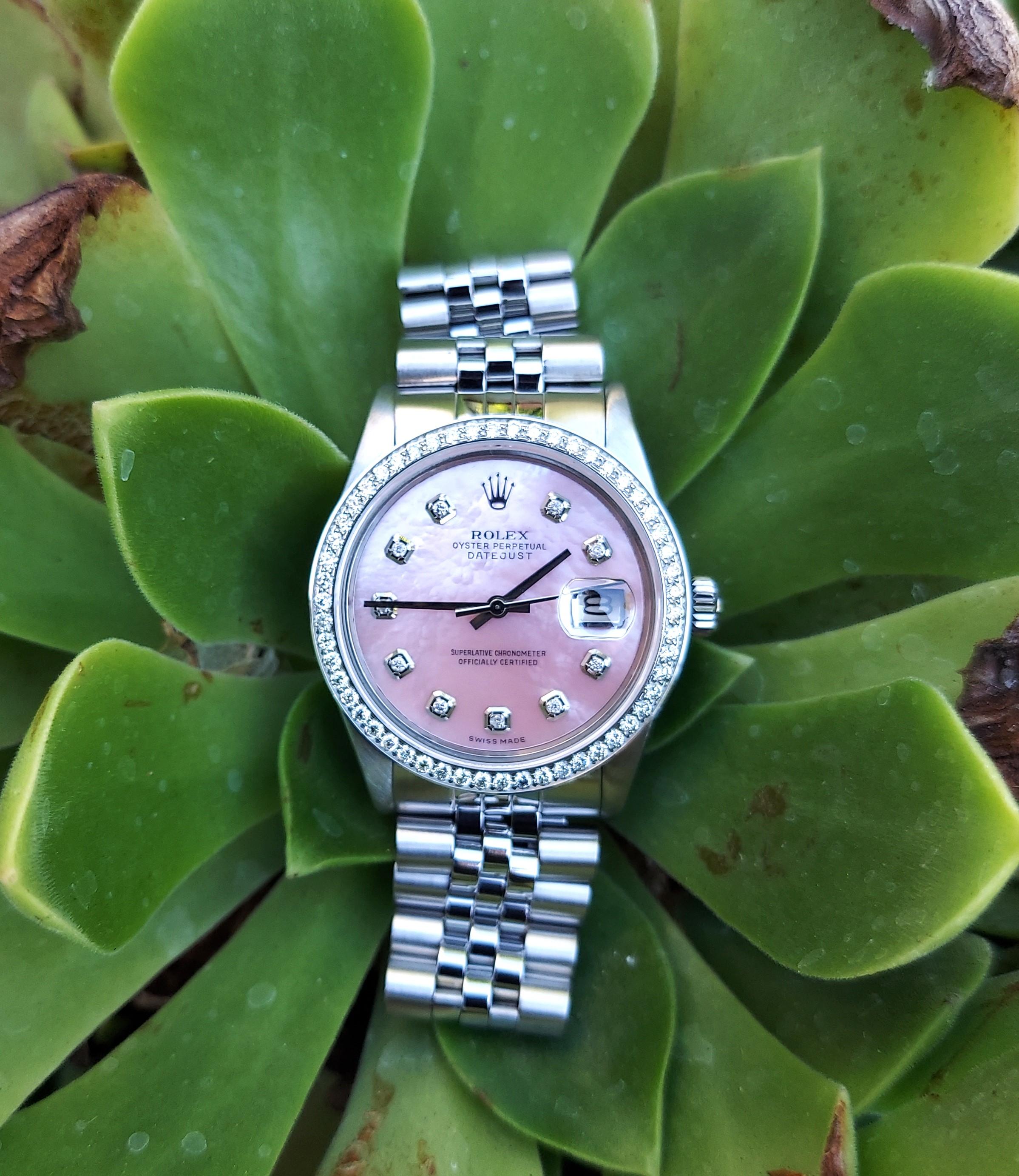 Rolex Unisex 16014 Datejust 36mm Rosa Mop Diamant-Stahlstahl-Diamant-Schirm im Zustand „Gut“ im Angebot in San Fernando, CA