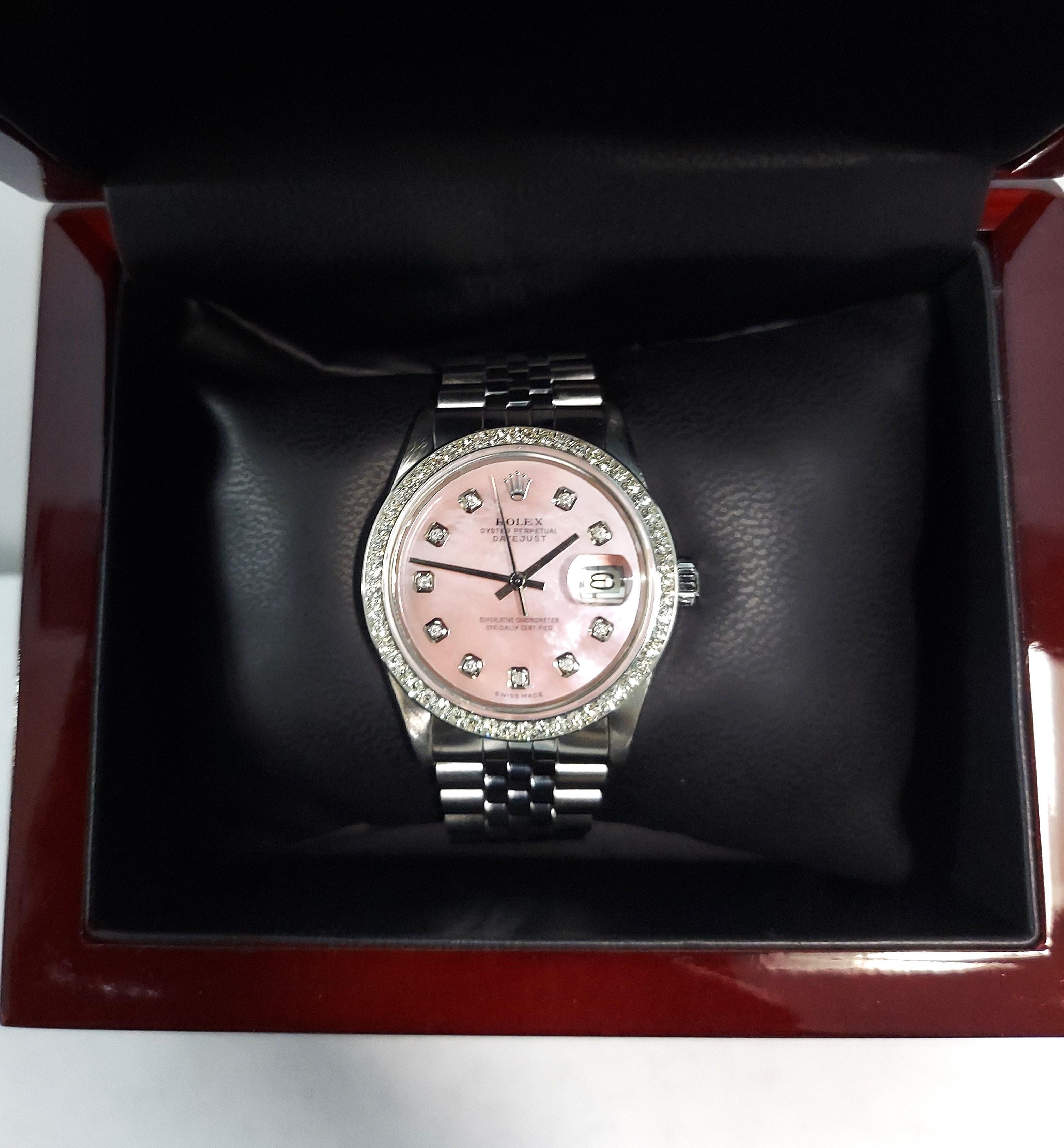 Rolex Unisex 16014 Datejust 36mm Rosa Mop Diamant-Stahlstahl-Diamant-Schirm im Angebot 1