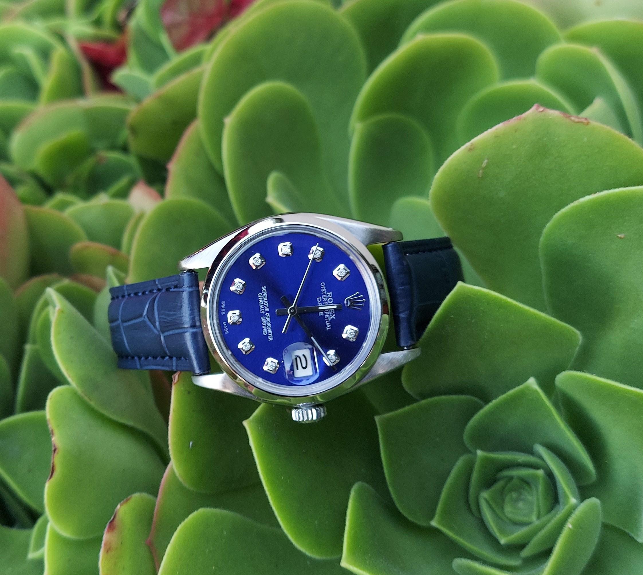 Rolex Unisex 34mm Datum Stahl 1500 Blauer Diamant auf Leder auf Leder  im Zustand „Gut“ im Angebot in San Fernando, CA