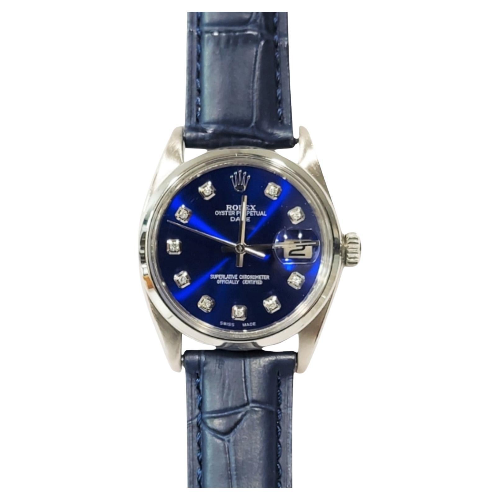 Rolex unisex 34mm Date steel 1500 Blue Diamond on leather  For Sale