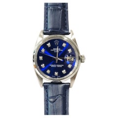 Rolex unisex 34mm Date steel 1500 Blue Diamond on leather 