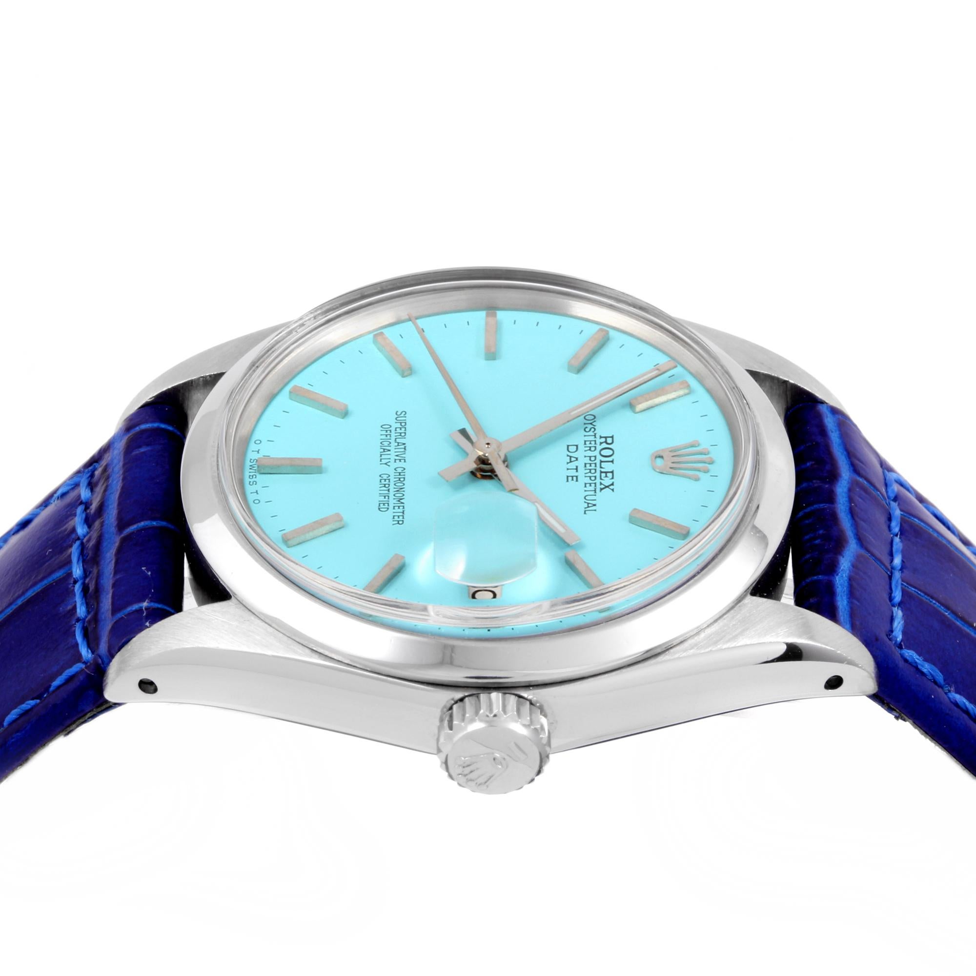 Brand - Rolex 
Model - 1500 (DATE)
Case size - 34mm
Bezel - Smooth Steel 
Crystal -Acrylic 
Metals - Steel 
Dial - Refinished Tiffany Tone 
Movement - Automatic CAL.1570
Band - Generic Blue Leather