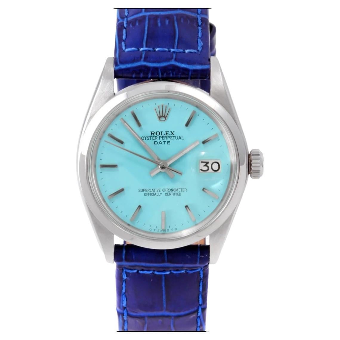 Rolex Unisex Date 1500 Blue Tiffany Tone Dial on Leather For Sale