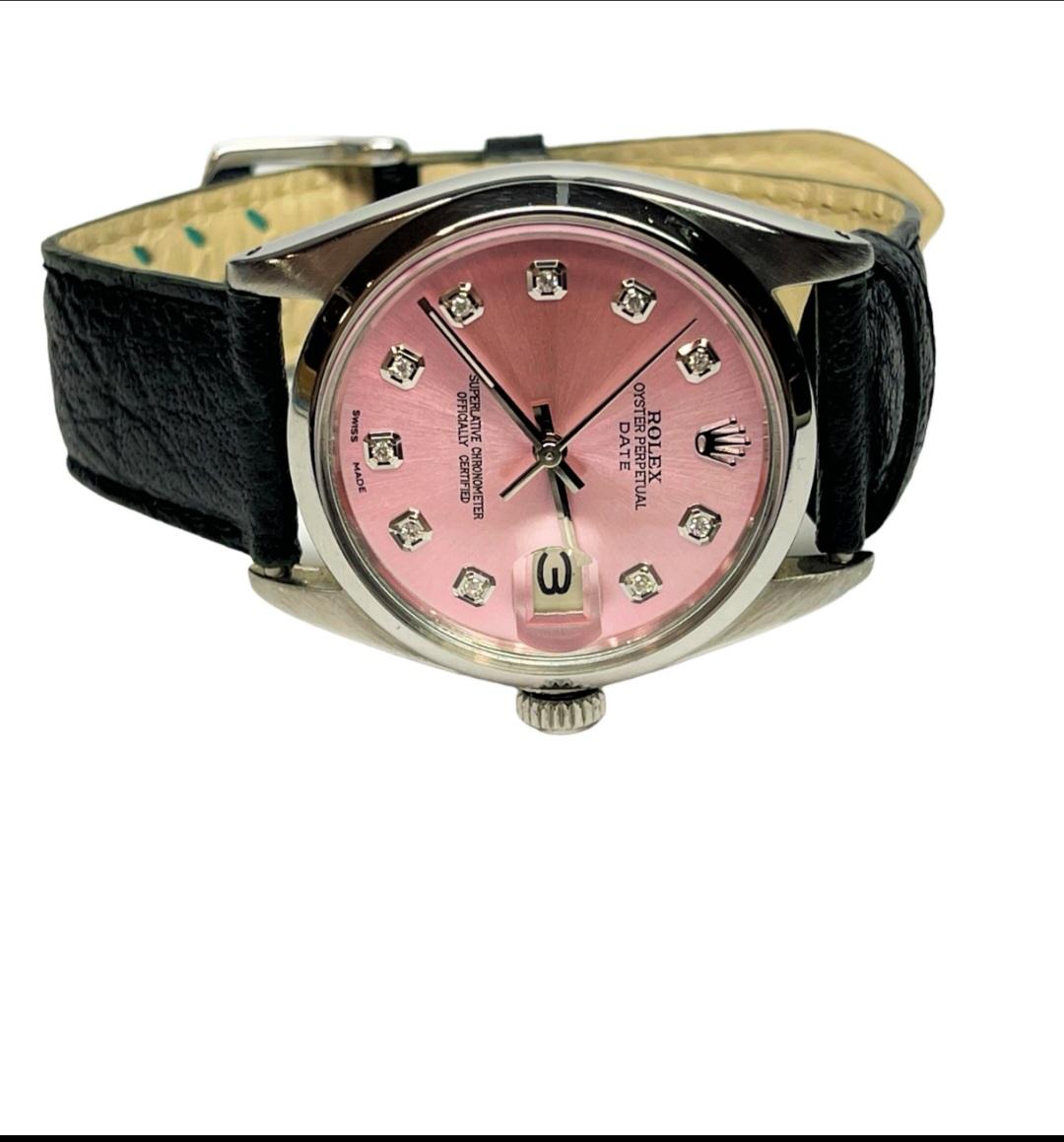 Moderne Rolex Ladies 34mm Date 1500 Pink Diamond sur cuir noir  en vente