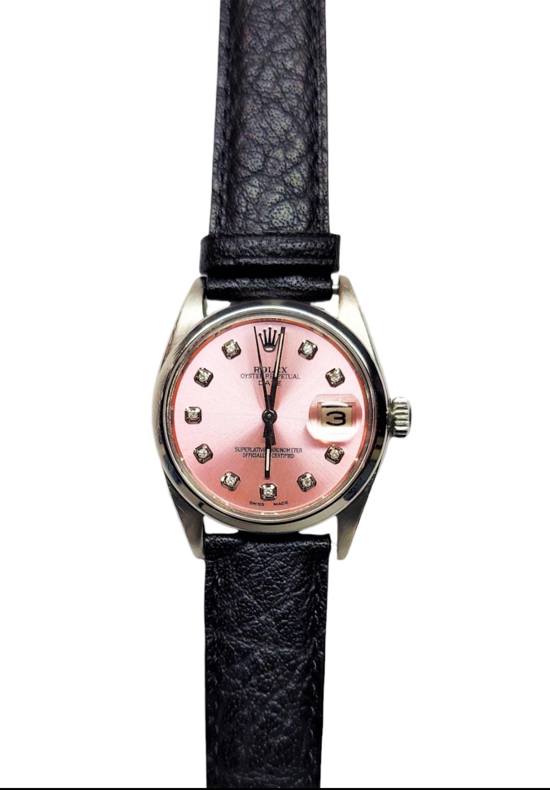 Rolex Ladies 34mm Date 1500 Pink Diamond sur cuir noir  Bon état - En vente à San Fernando, CA