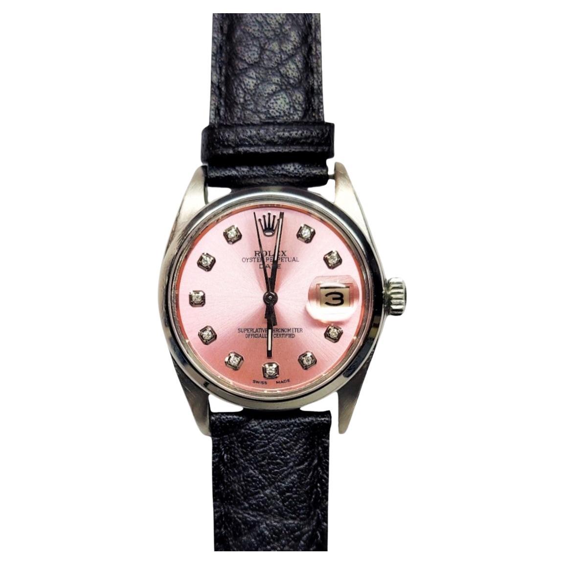 Rolex Ladies 34mm Date 1500 Pink Diamond on Black leather  For Sale