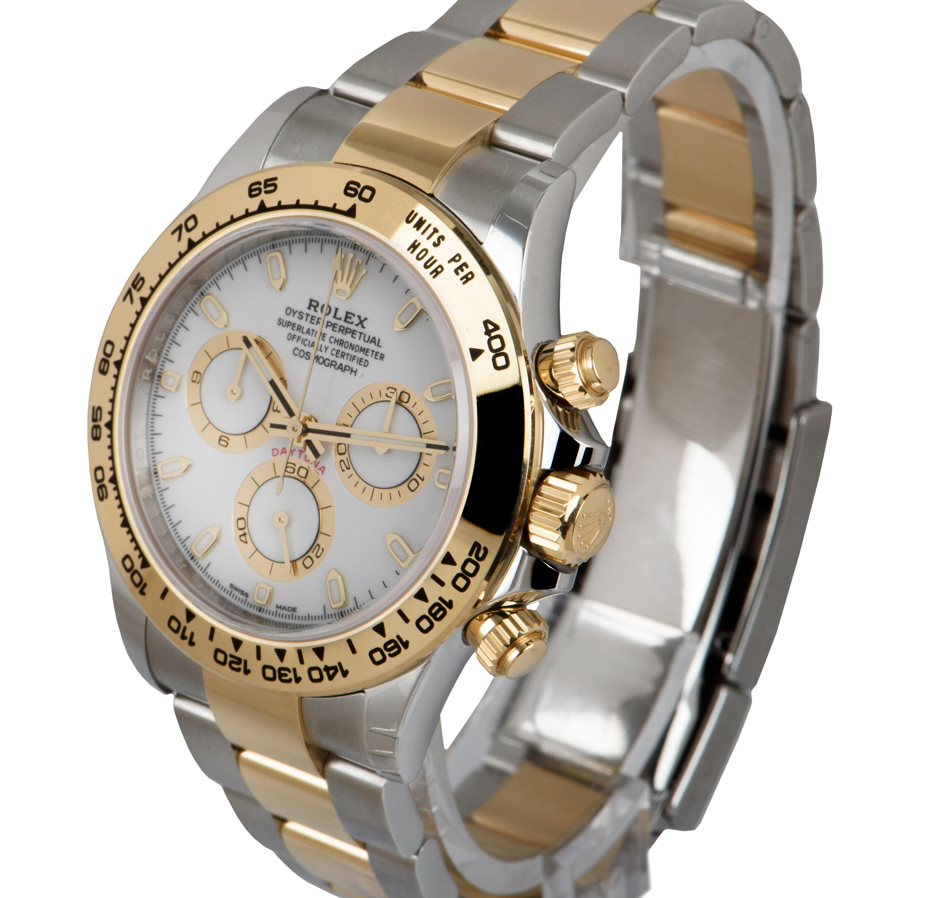 A 40 mm Unworn Stainless Steel & 18k Yellow Gold Oyster Perpetual Cosmograph Daytona Gents Wristwatch, white dial with applied hour markers, 30 minute recorder at 3 0'clock, small seconds at 6 0'clock, 12 hour recorder at 9 0'clock, a fixed 18k
