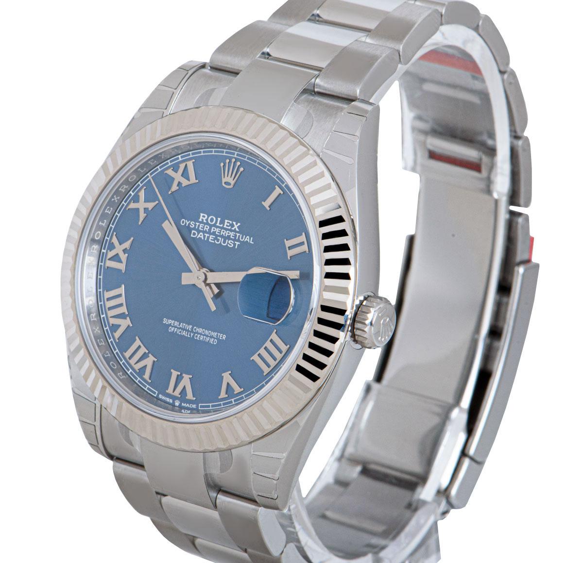 A 41 mm Unworn Stainless Steel Oyster Perpetual Datejust 41 Gents Wristwatch, blue dial with applied roman numerals, date at 3 0'clock, a fixed 18k white gold fluted bezel, a stainless steel oyster bracelet with a concealed stainless steel deployant