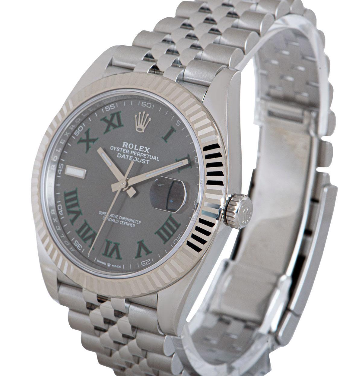 A 41 mm Unworn Stainless Steel Oyster Perpetual Datejust 41 Gents Wristwatch, slate grey dial with applied roman numerals, date at 3 0'clock, a fixed 18k white gold fluted bezel, a stainless steel jubilee bracelet with a stainless steel deployant